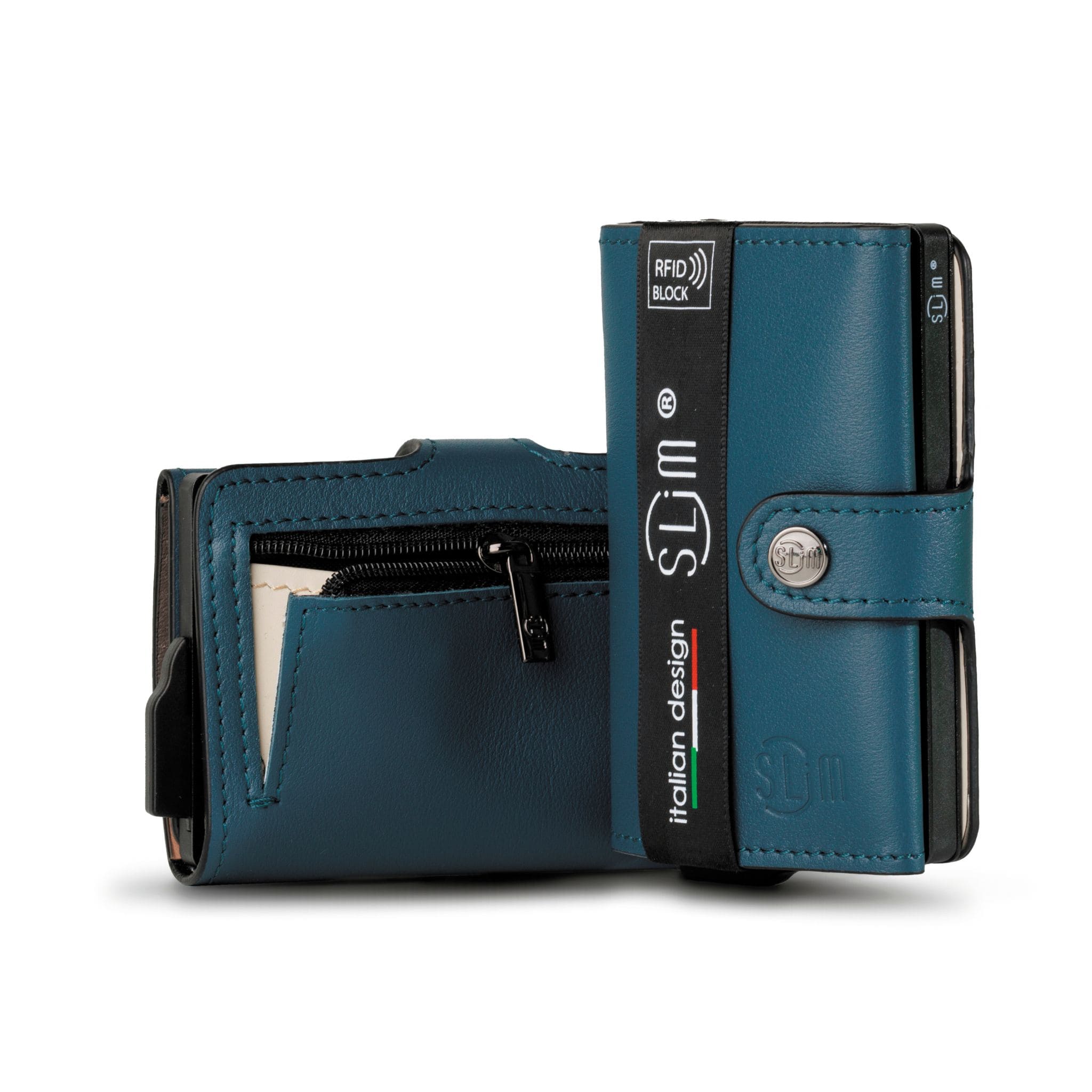 Porta Carte Vera Pelle Multicolor Blu Petrolio Con Zip