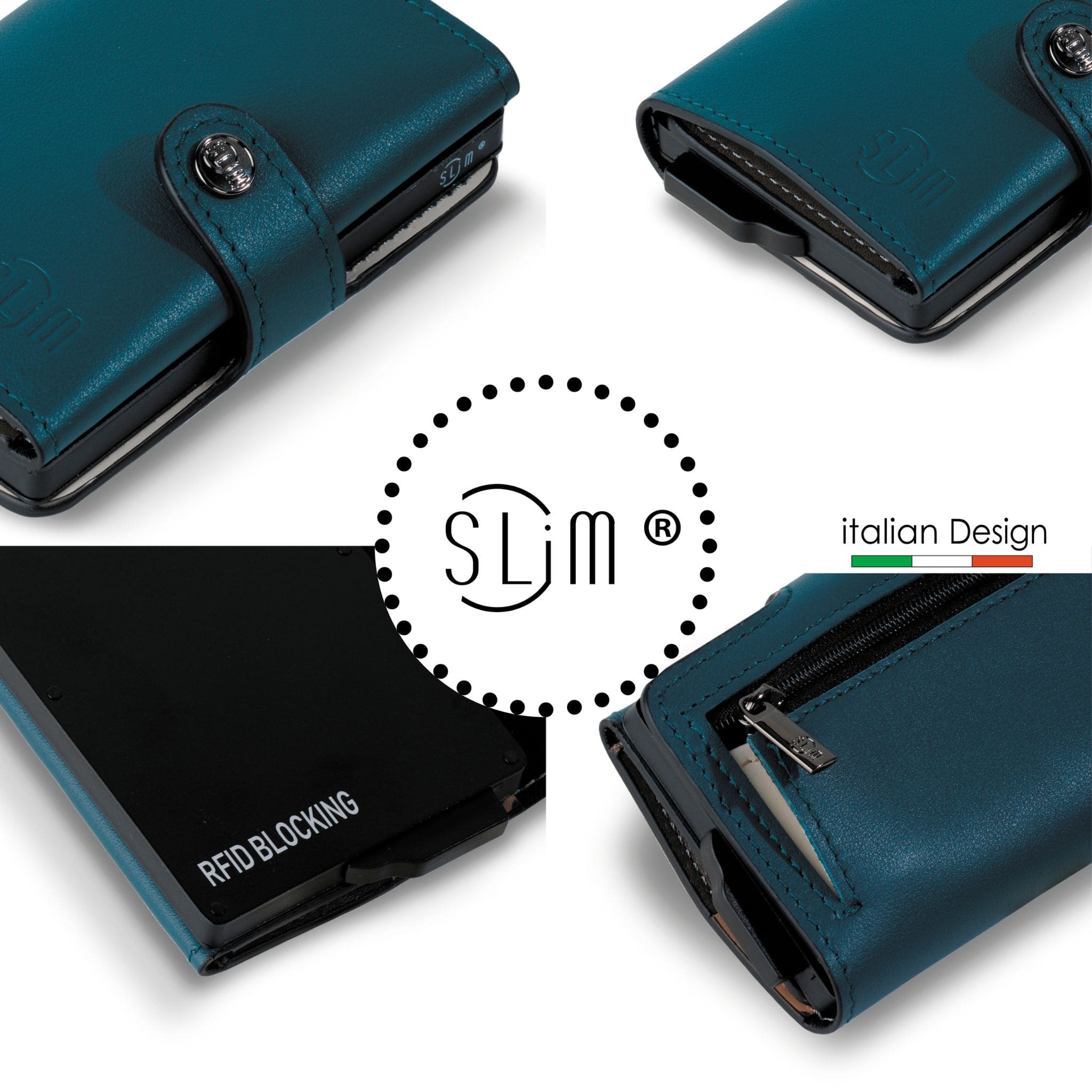 Porta Carte Vera Pelle Multicolor Blu Petrolio Con Zip