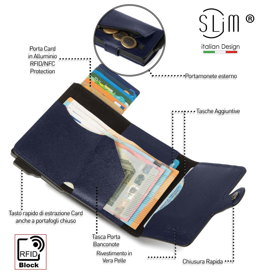Portacarte Vera Pelle Saffiano Anti Graffio Blu con zip