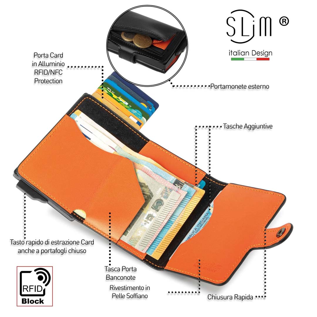 Porta Carte Vera Pelle Nero e Arancio con zip porta monete