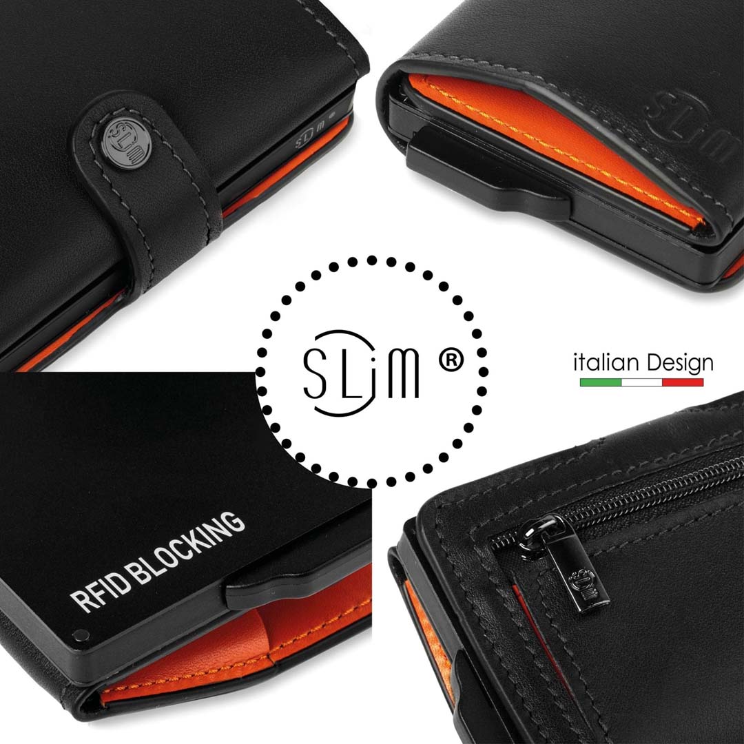Porta Carte Vera Pelle Nero e Arancio con zip porta monete