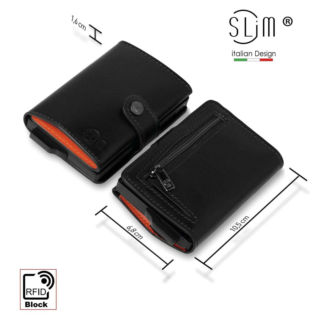 Porta Carte Vera Pelle Nero e Arancio con zip porta monete