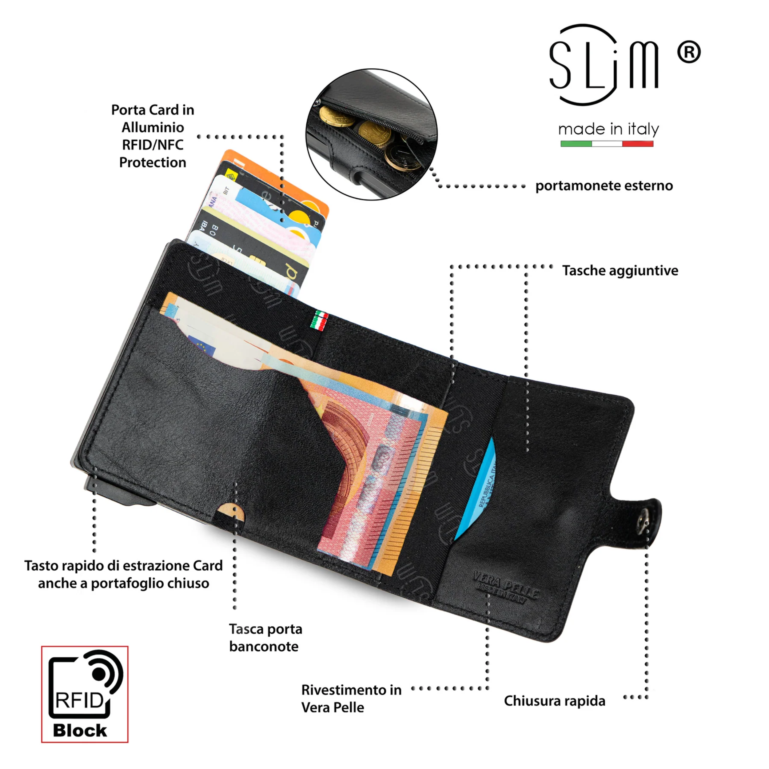 Porta Carte Vera Pelle Concia Al Vegetale Nero Zip