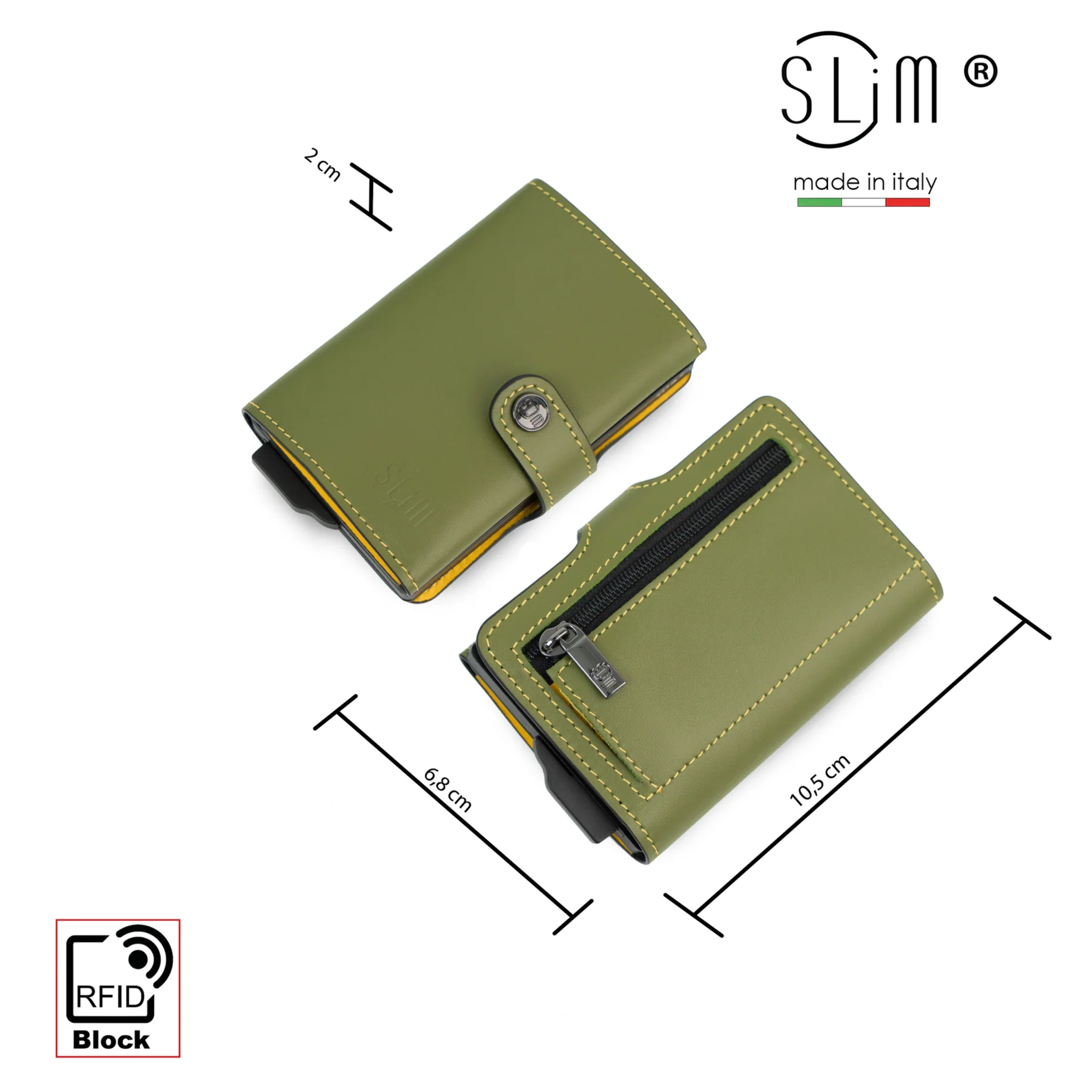 Porte-cartes en Cuir Véritable Vert Pistache-Jaune avec compartiment zippé pour la monnaie