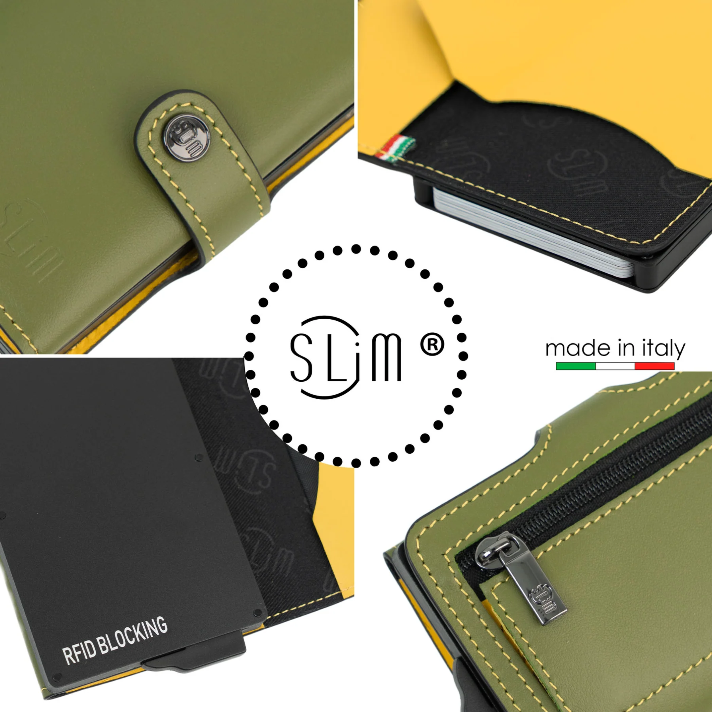 Porte-cartes en Cuir Véritable Vert Pistache-Jaune avec compartiment zippé pour la monnaie