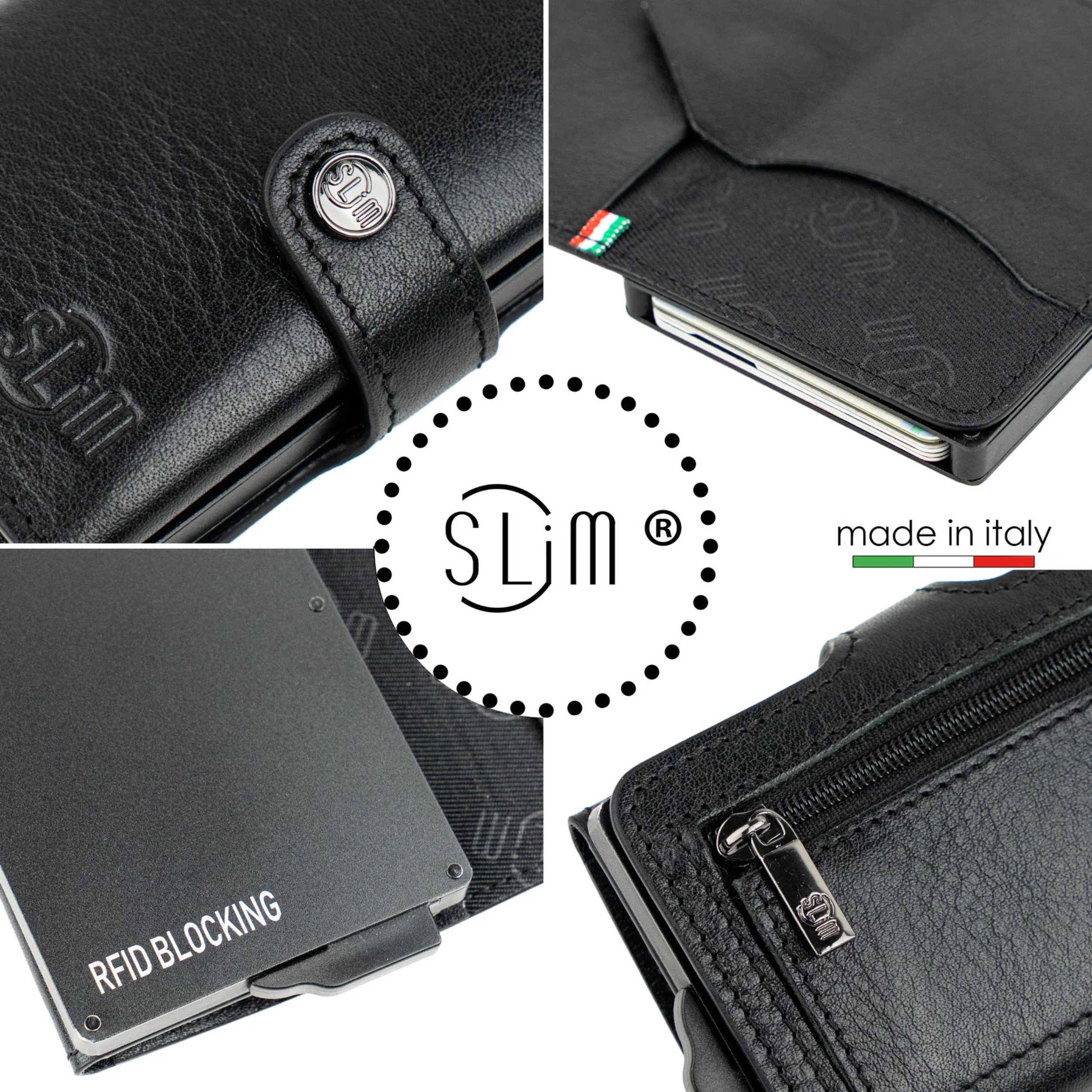 Porta Carte Vera Pelle Concia Al Vegetale Nero Zip
