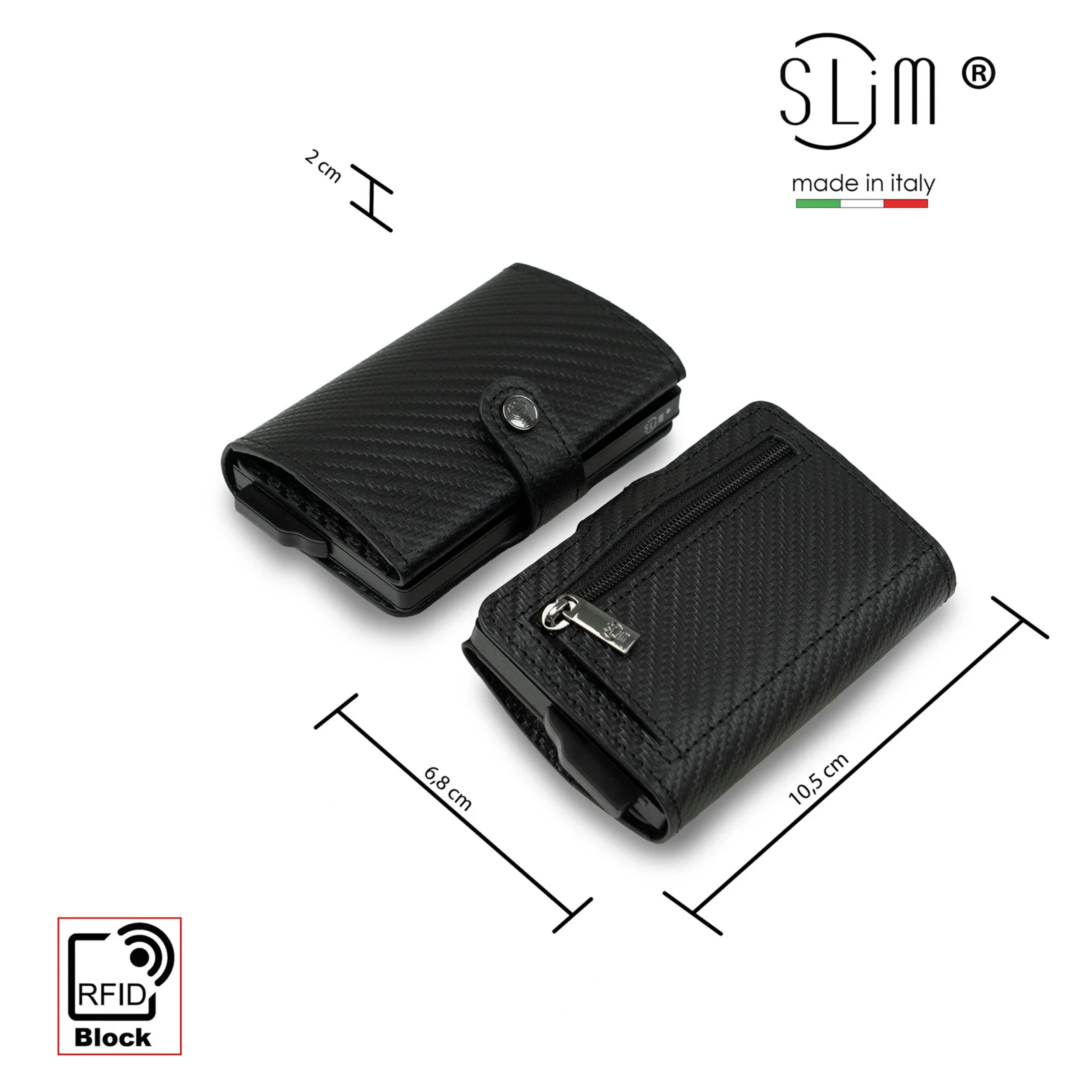 Porte-cartes en cuir véritable style carbone noir avec fermeture éclair
