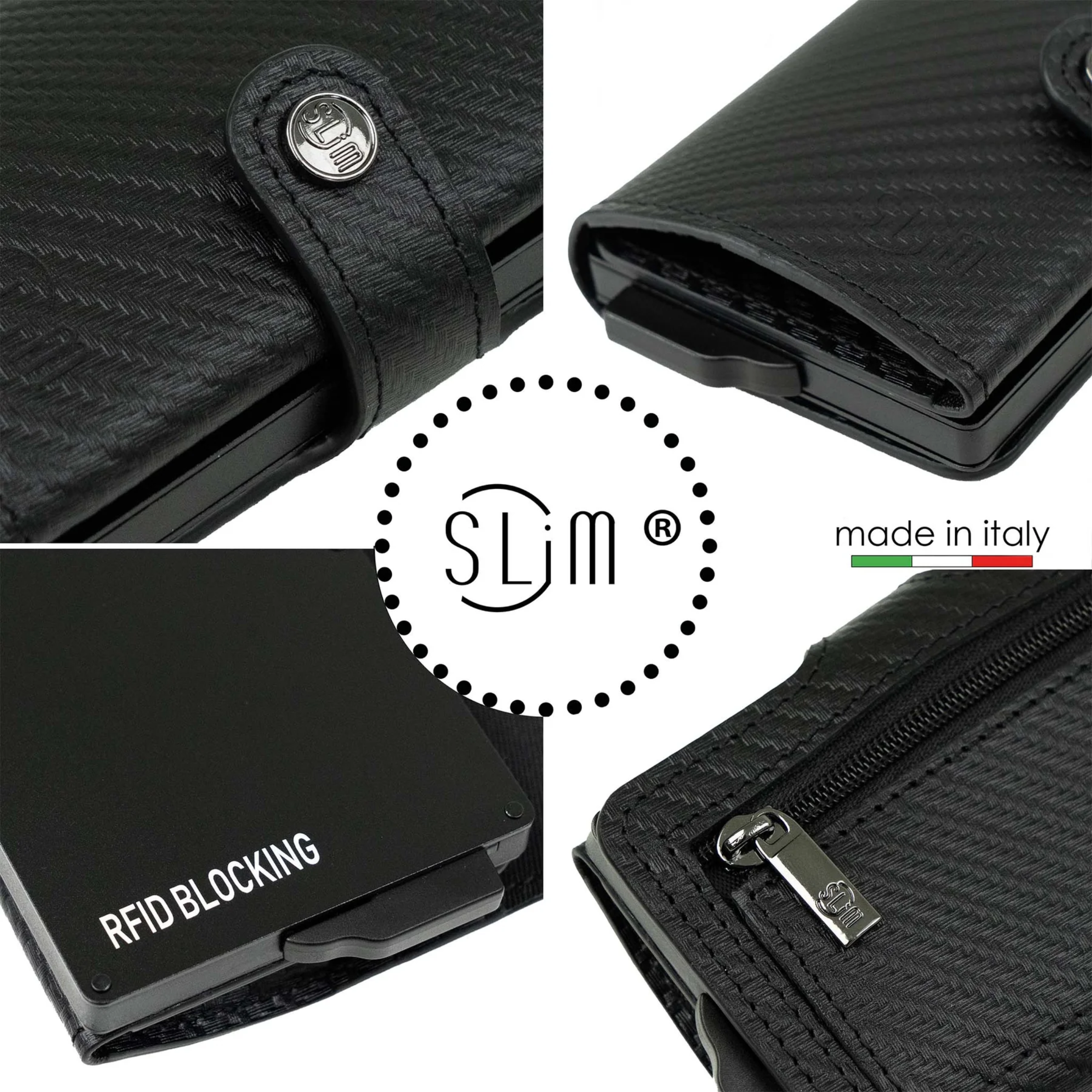 Porte-cartes en cuir véritable style carbone noir avec fermeture éclair