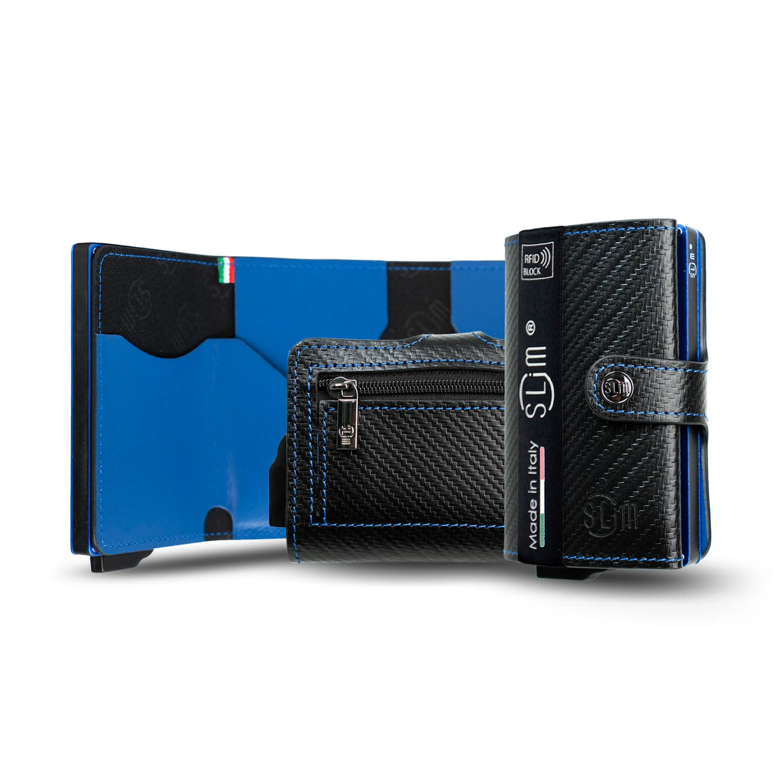 Porta Carte Vera Pelle Carbon Style Nero/Blu con zip