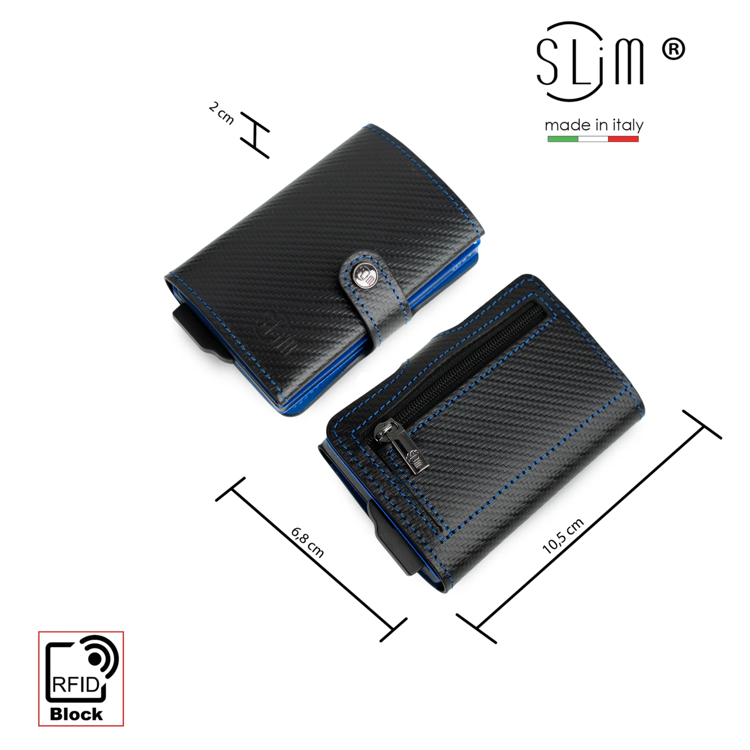 Porte-cartes en cuir véritable style carbone noir/bleu avec fermeture éclair