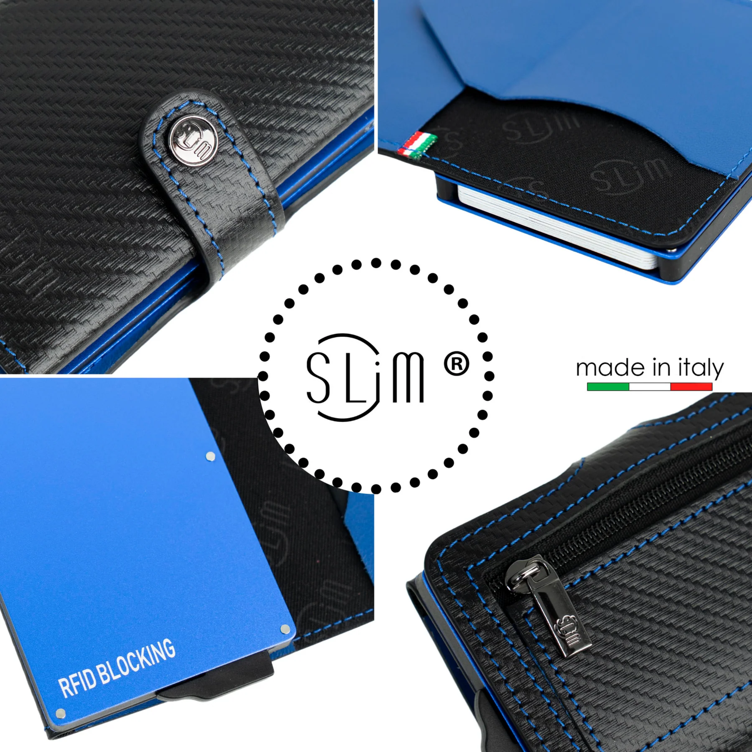Porte-cartes en cuir véritable style carbone noir/bleu avec fermeture éclair