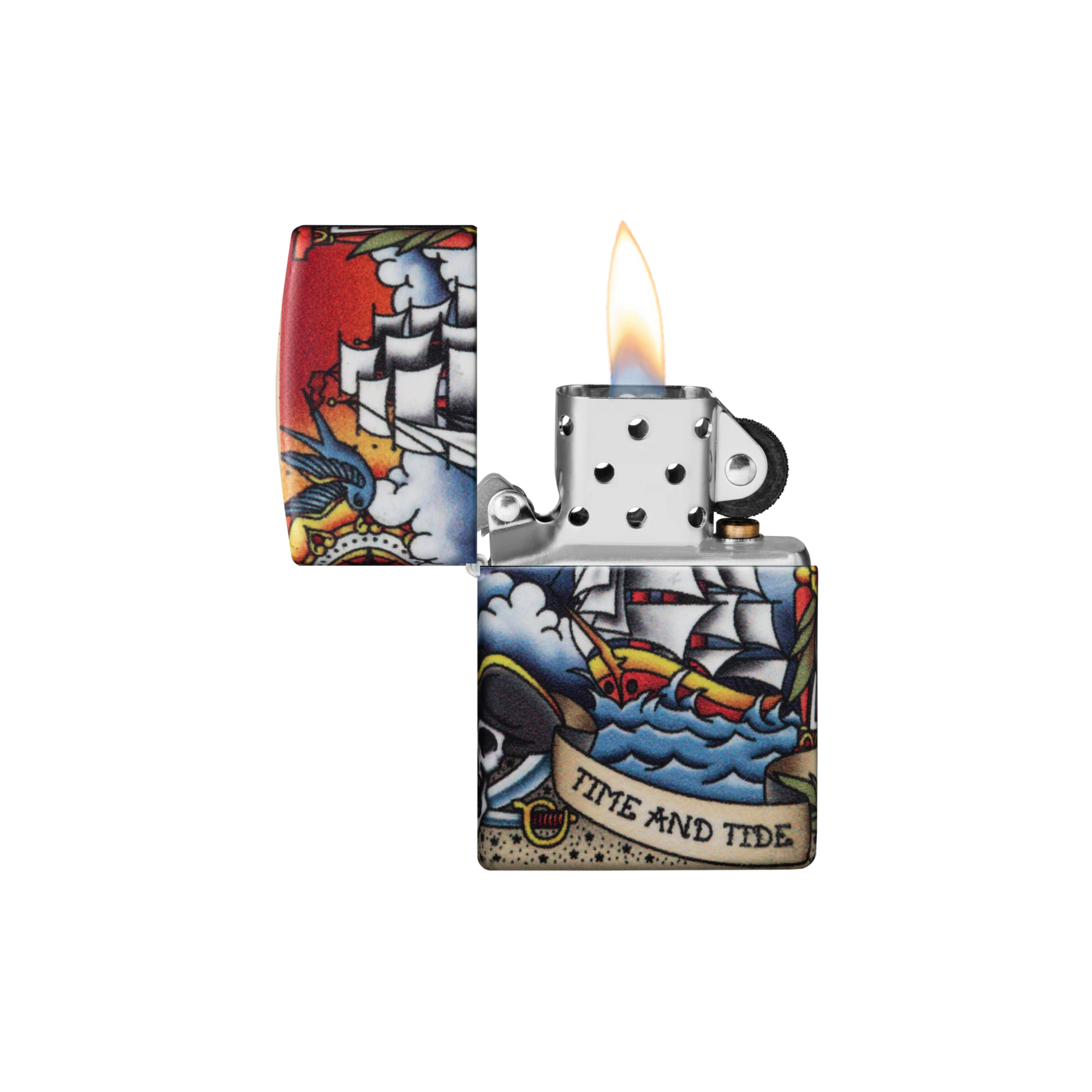 Accendino ZIppo Nautical Tattoo in metallo a benzina - ricaricabile - antivento - nave pirati