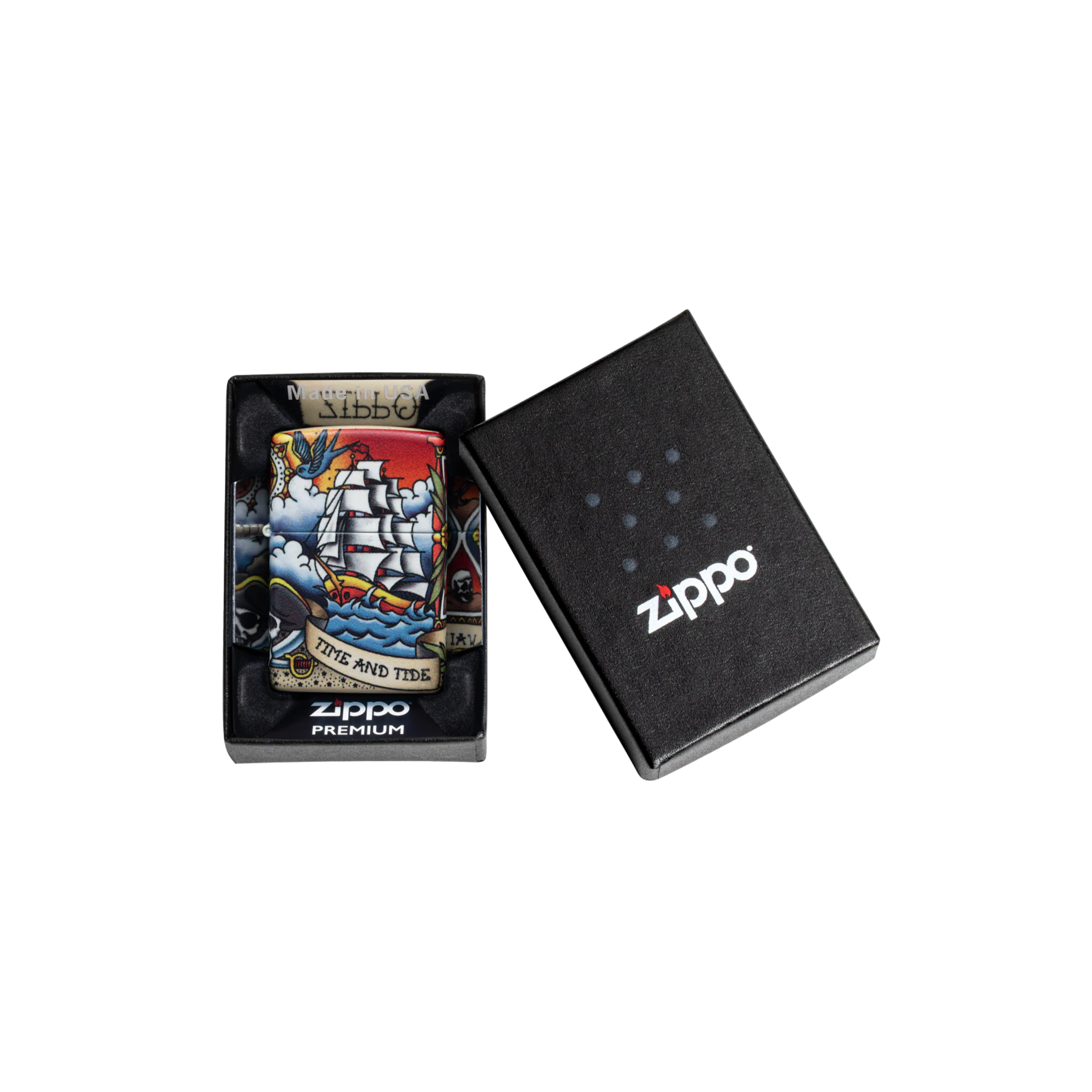 Accendino ZIppo Nautical Tattoo in metallo a benzina - ricaricabile - antivento - nave pirati