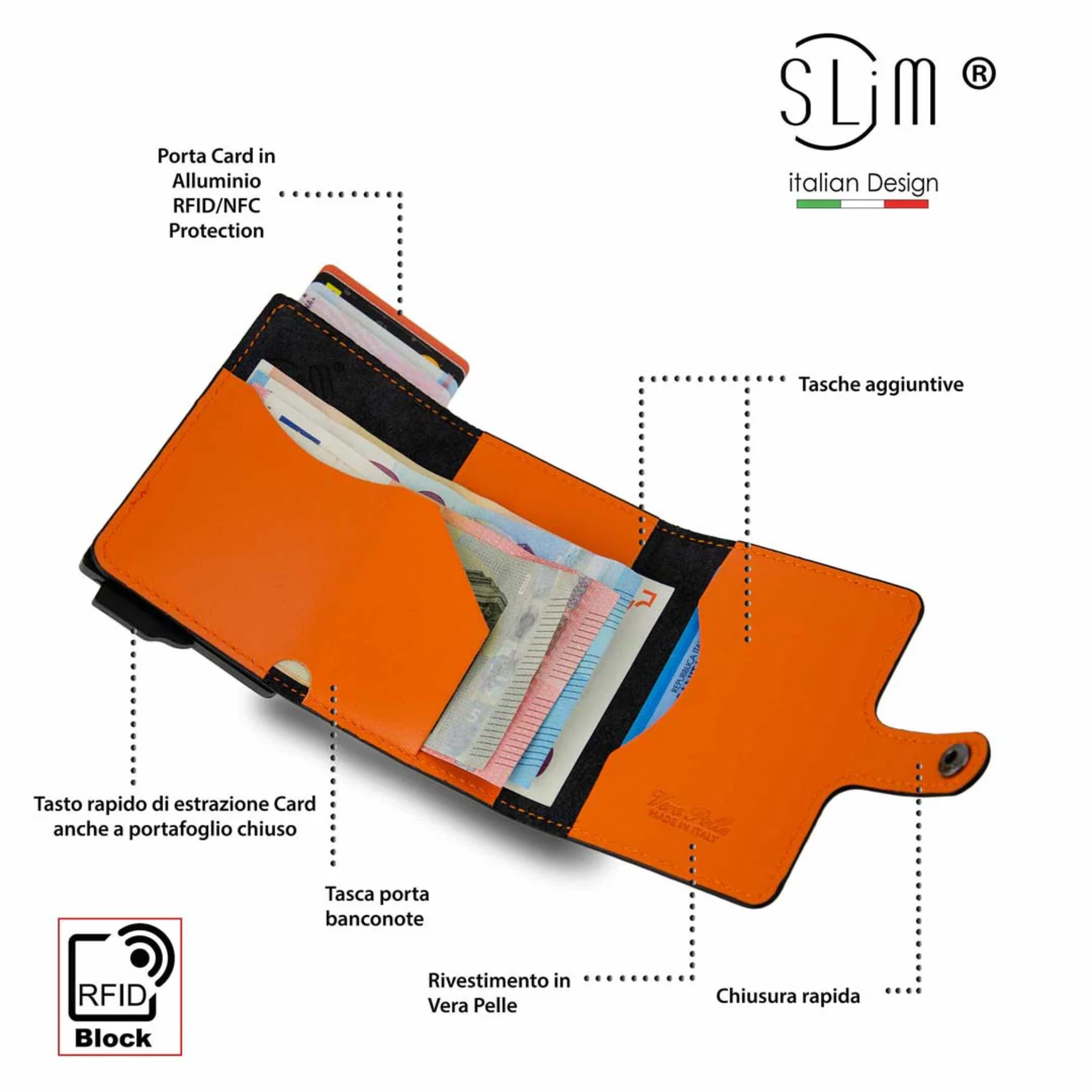 Porta Carte Vera Pelle Nero e arancio