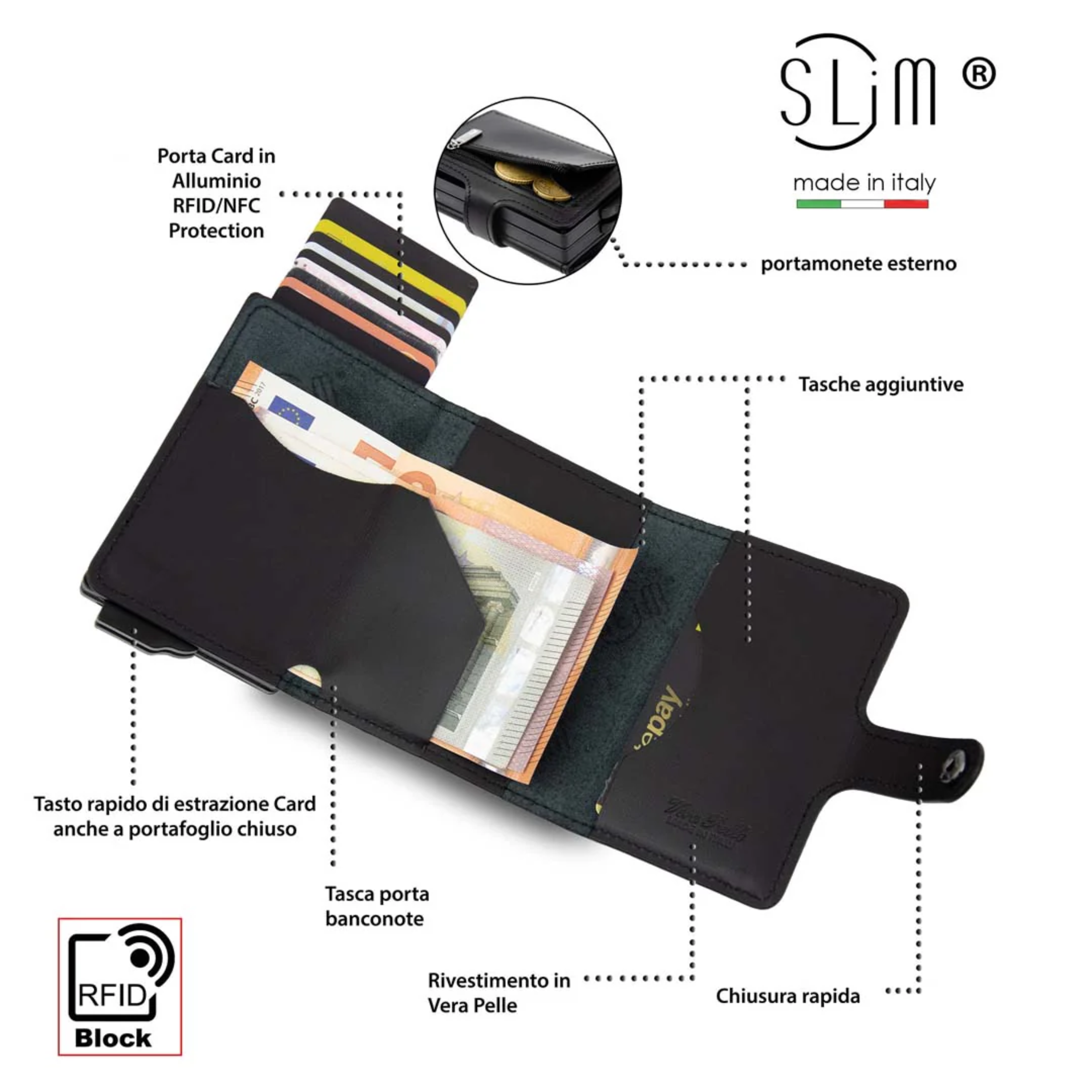 Porta Carte Vera Pelle Nero con zip Doppia cassa