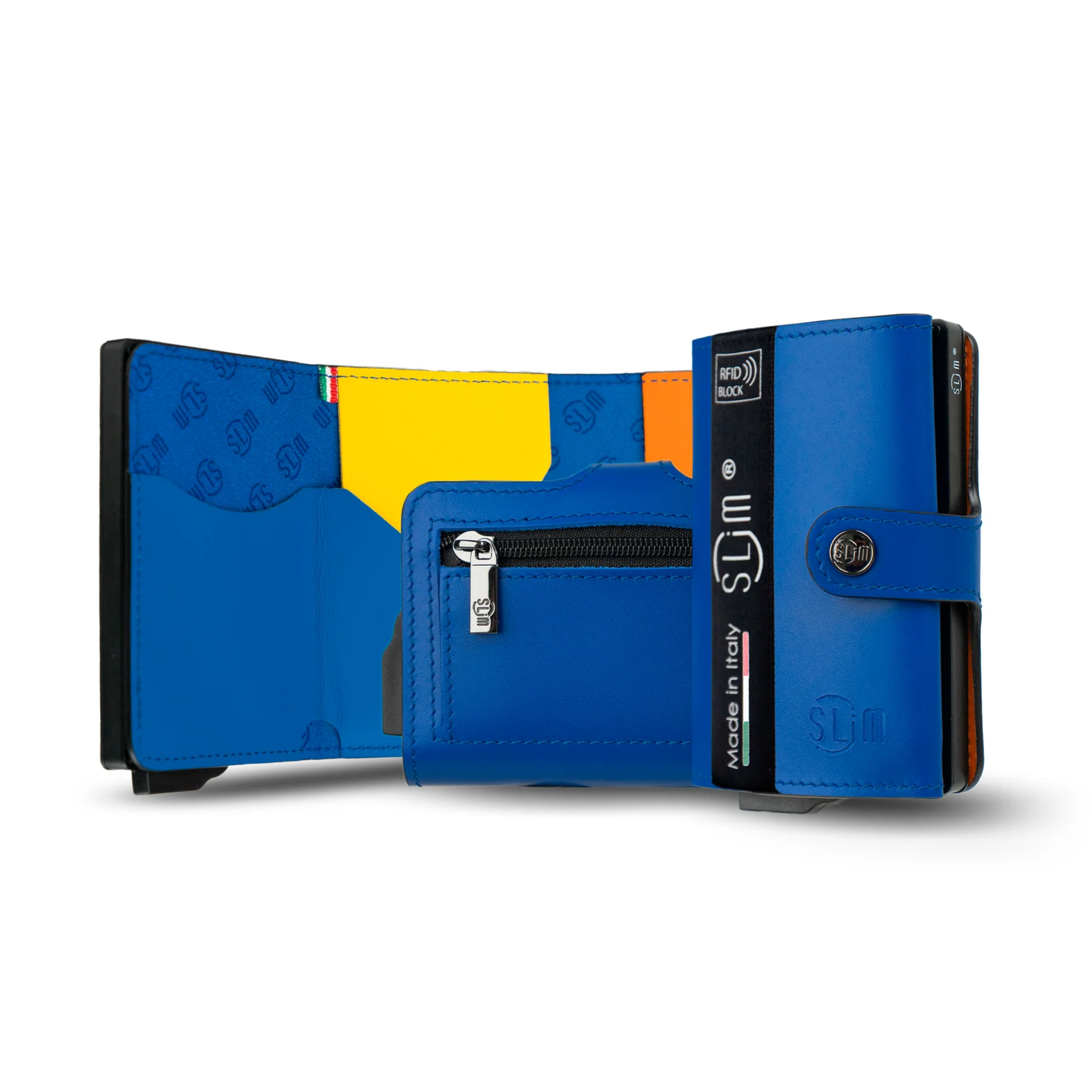 Portacarte Vera Pelle Blu Multicolor con zip porta-monete