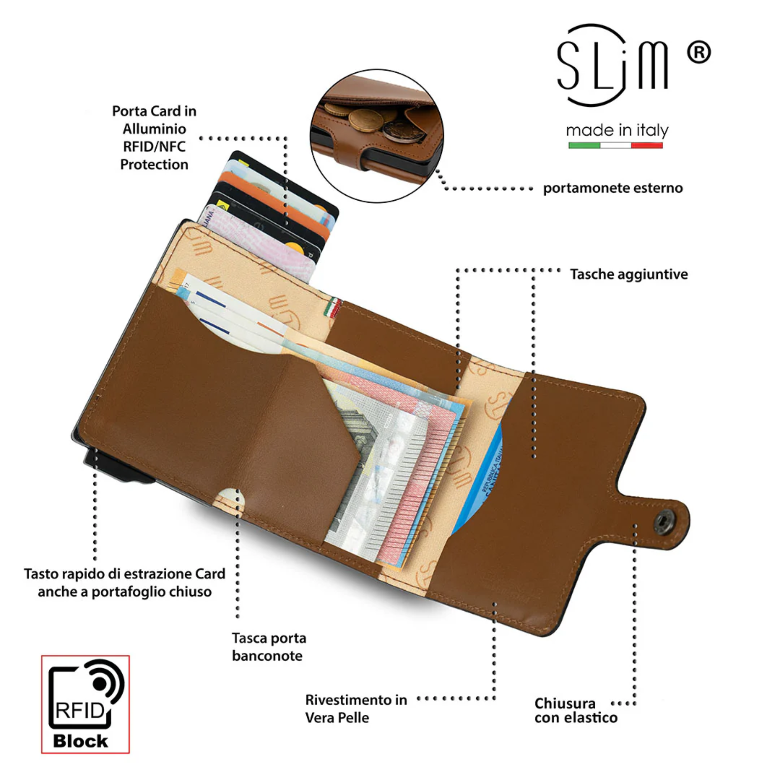 Porta Carte Vera Pelle Color Cammello Con Zip