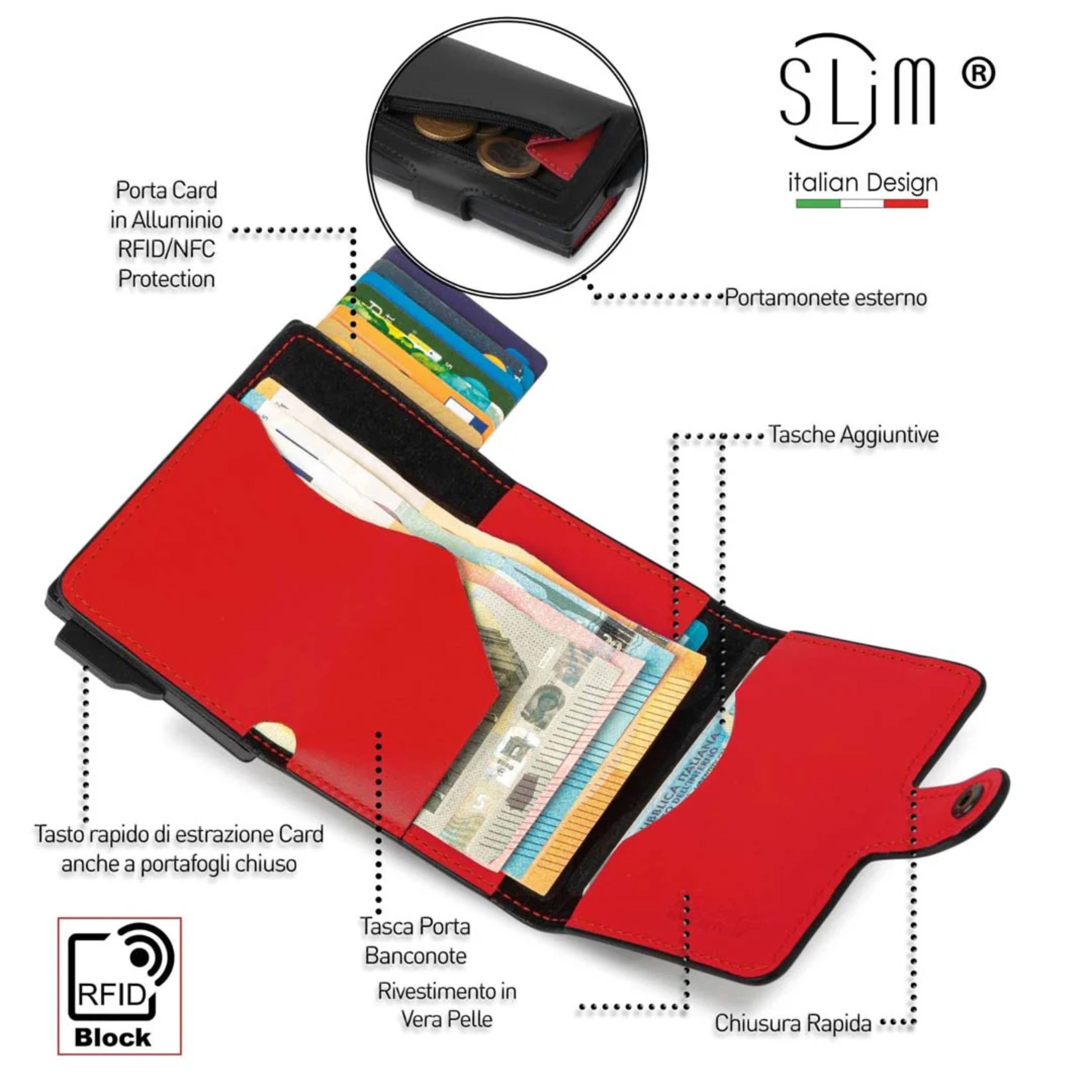 Porta carte Vera Pelle Nero Rosso con zip porta monete