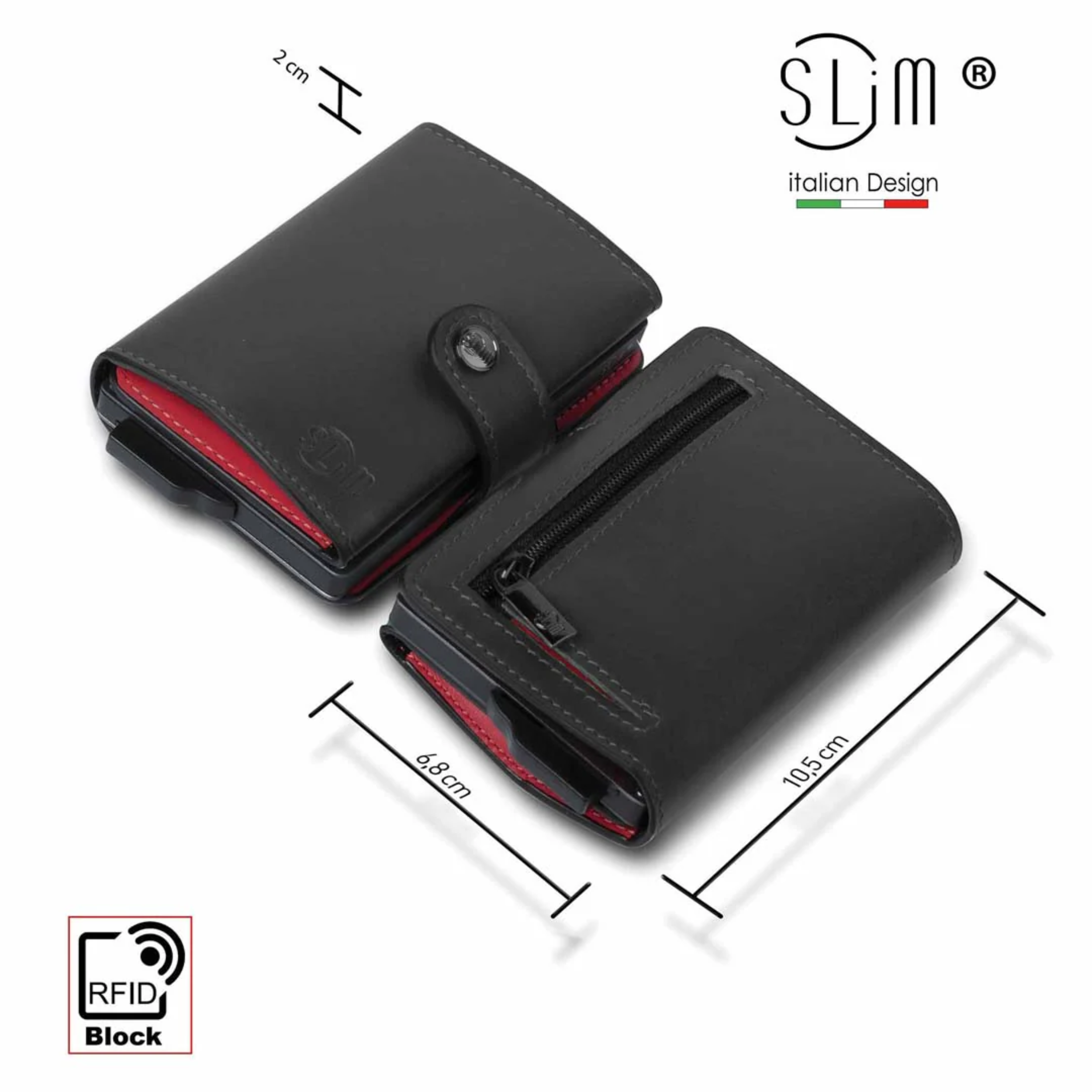 Porta carte Vera Pelle Nero Rosso con zip porta monete