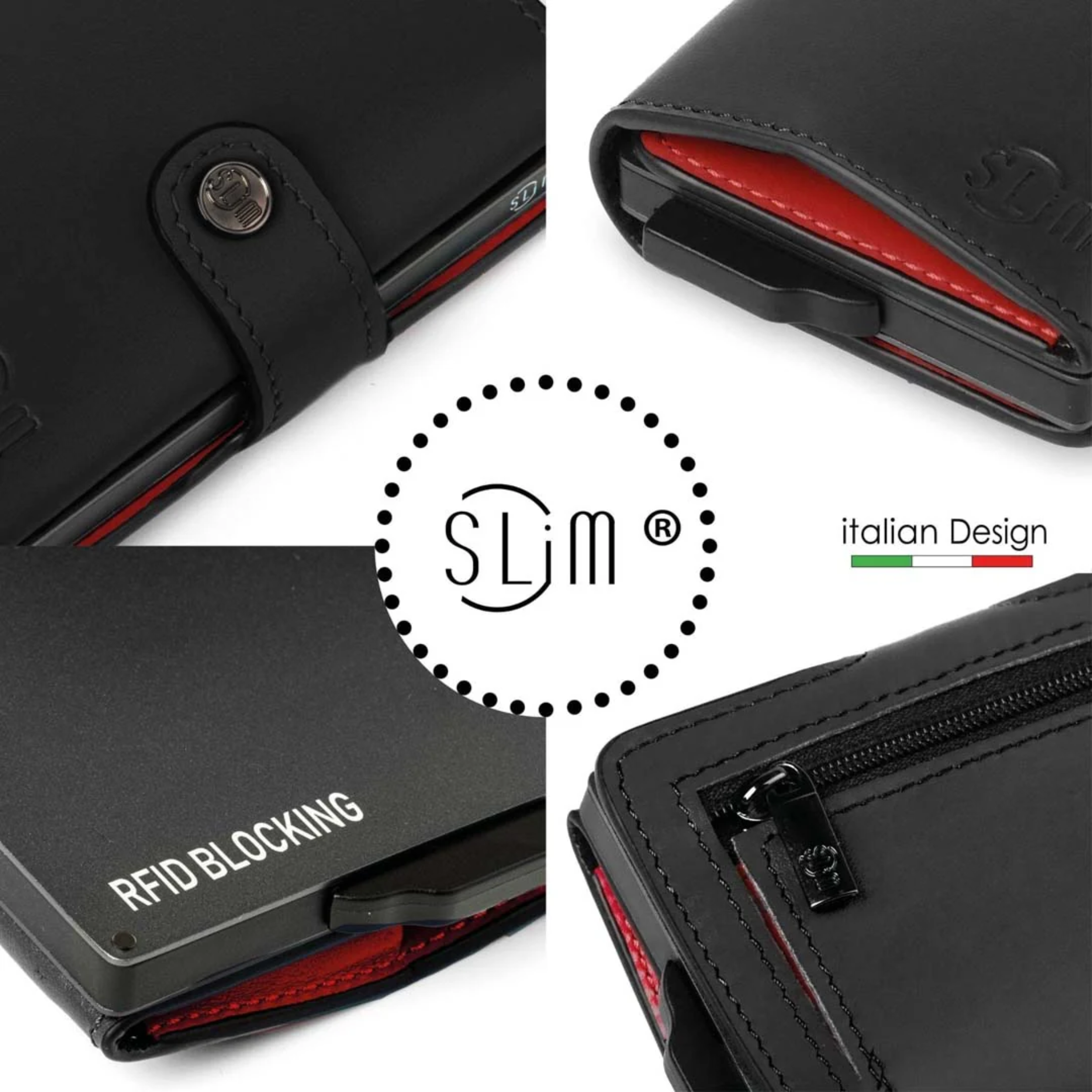 Porta carte Vera Pelle Nero Rosso con zip porta monete