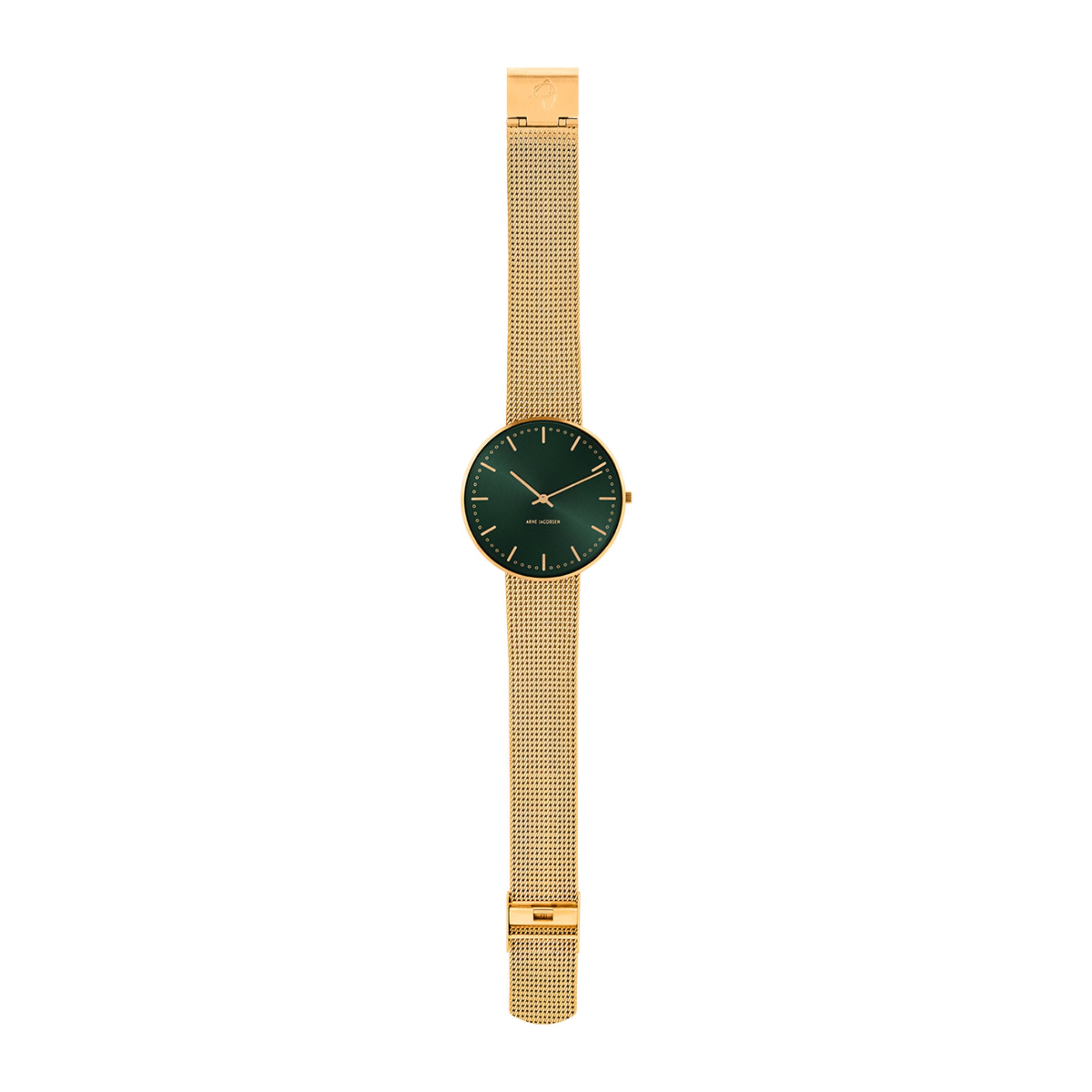 Orologio Municipio Evergreen 40 mm da polso Arne Jacobsen 40 mm con quadrante verde e cinturino in maglia metallica IP oro