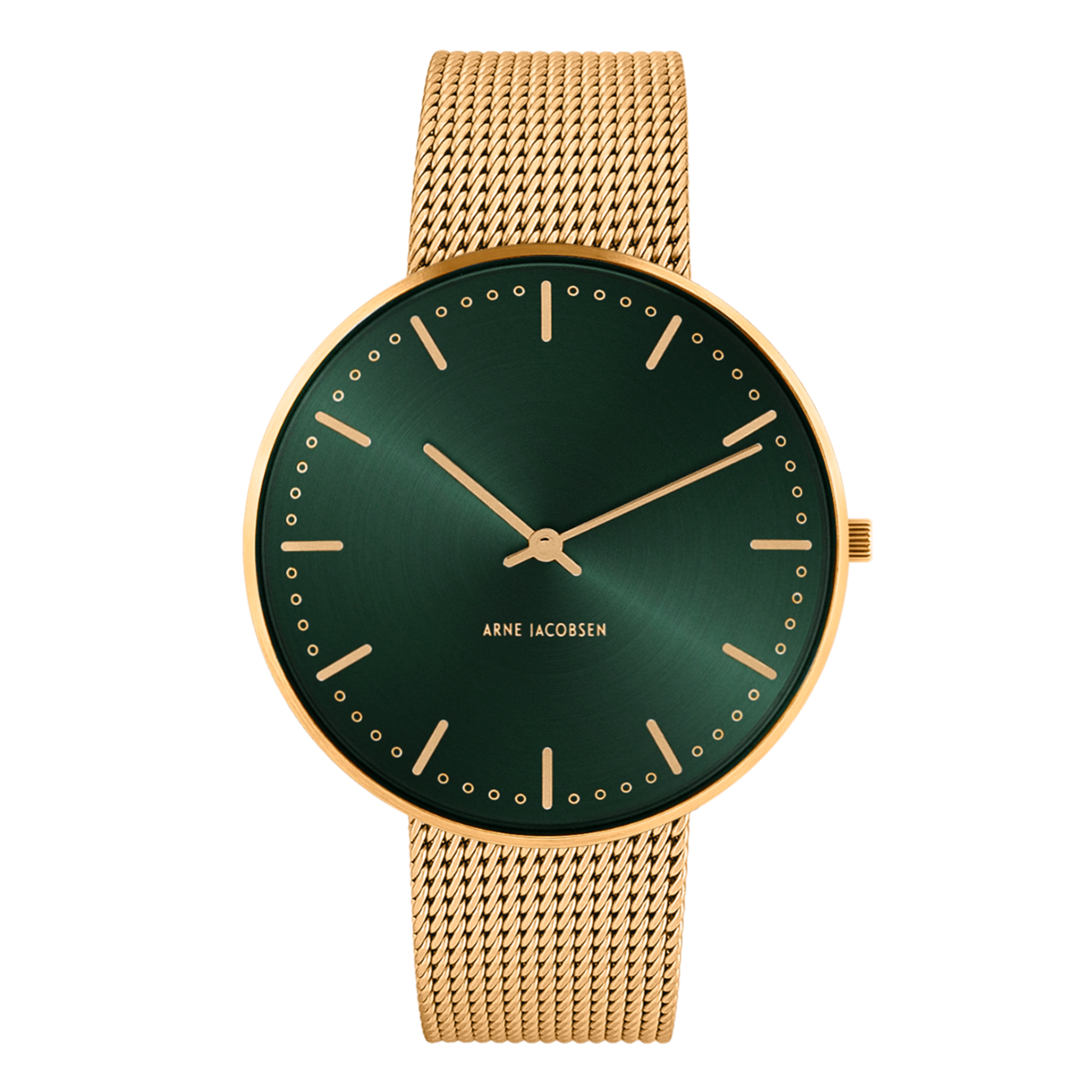 Orologio Municipio Evergreen 40 mm da polso Arne Jacobsen 40 mm con quadrante verde e cinturino in maglia metallica IP oro