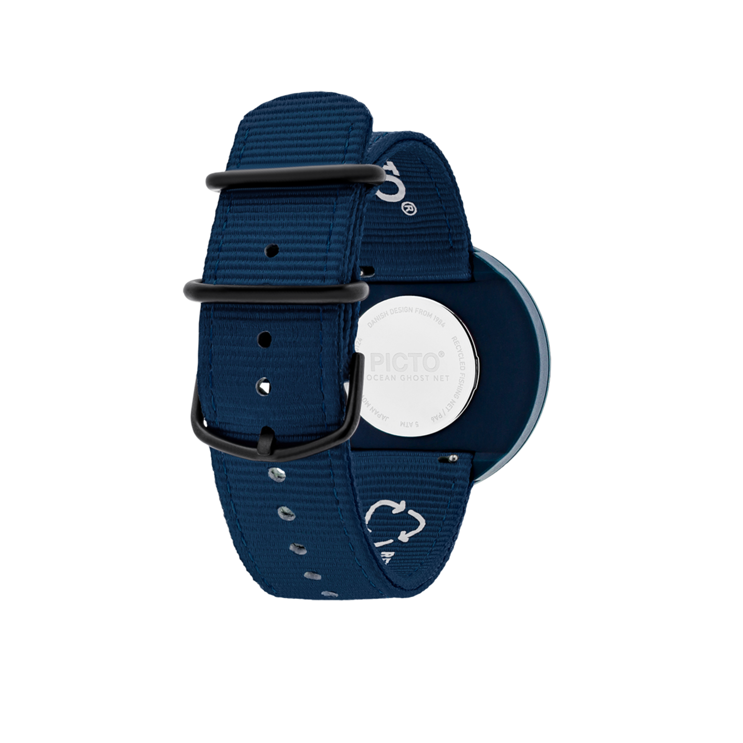 Orologio PICTO da polso Ocean Ghost Net da 40 mm con quadrante girevole e cinturino riciclato blu navy.