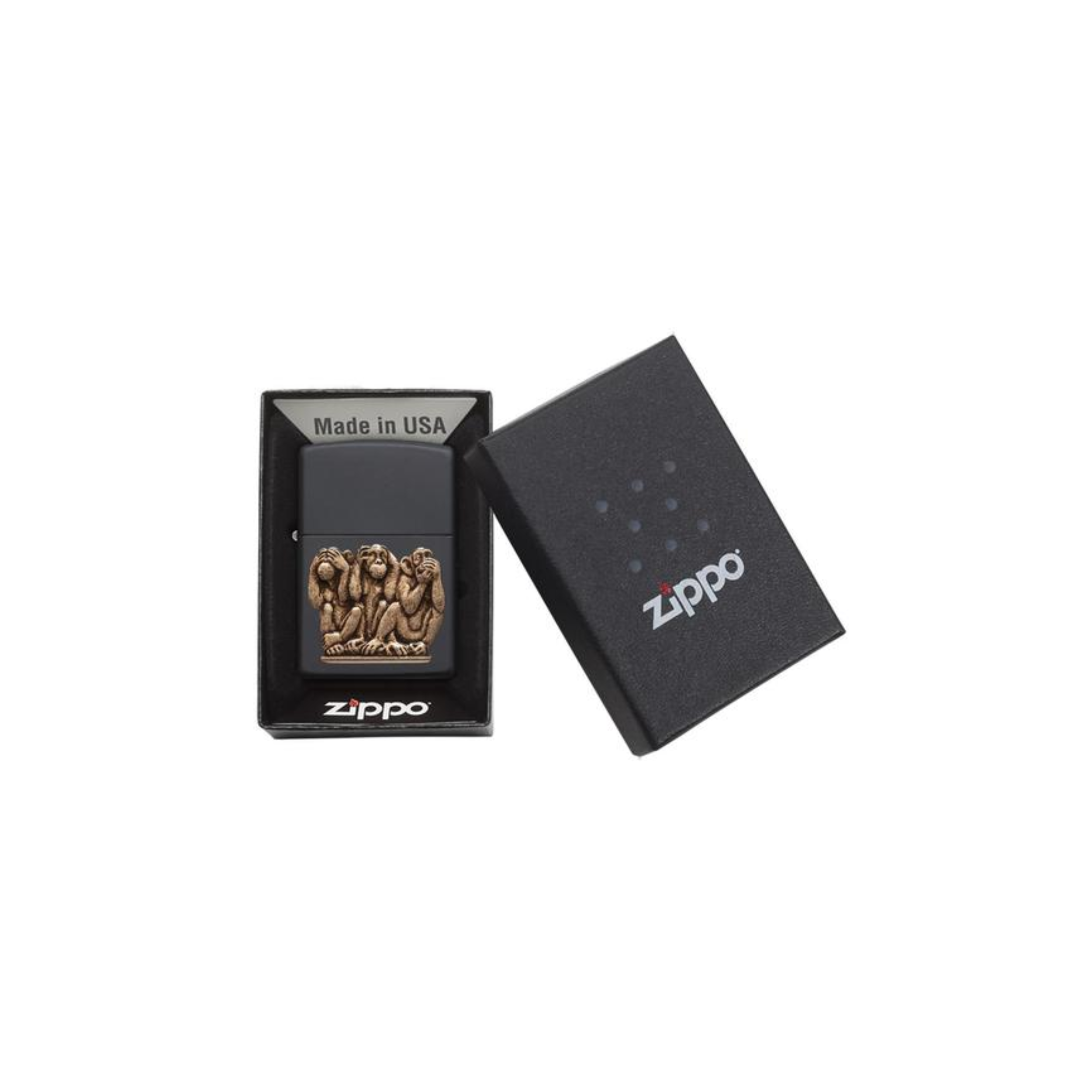 Accendino ZIppo Three Monkeys in metallo a benzina - ricaricabile - antivento - Non vedere, non sentire, non parlare