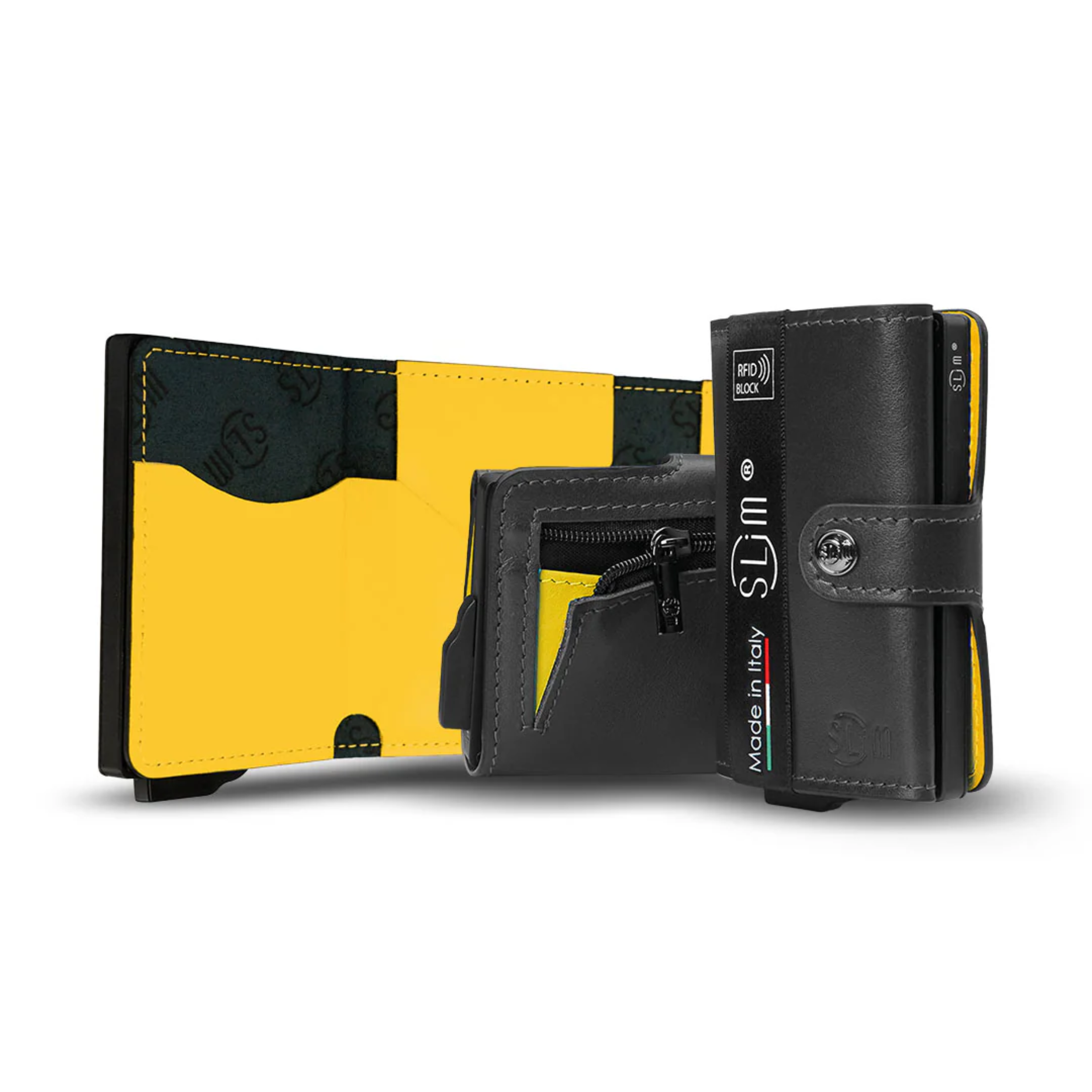 Porta Carte Vera Pelle Nero e Giallo con zip porta monete
