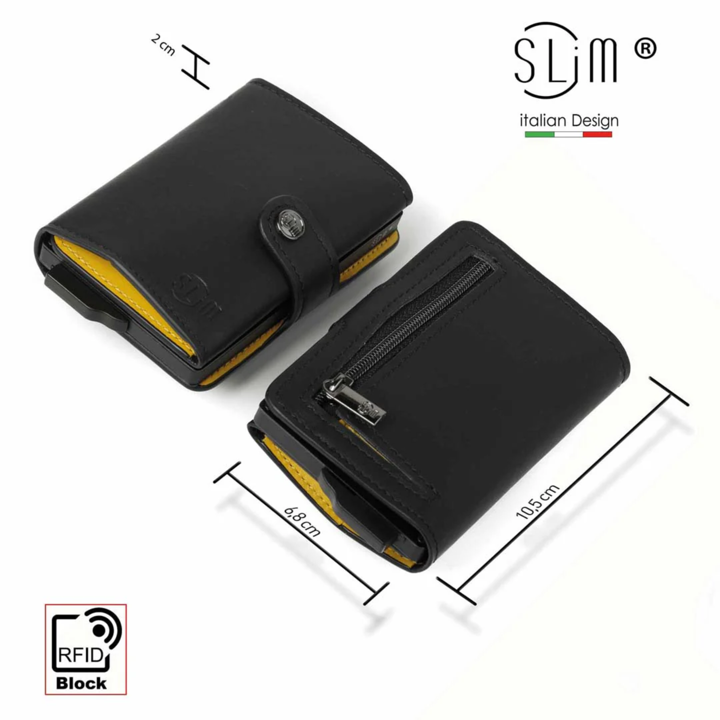 Porta Carte Vera Pelle Nero e Giallo con zip porta monete