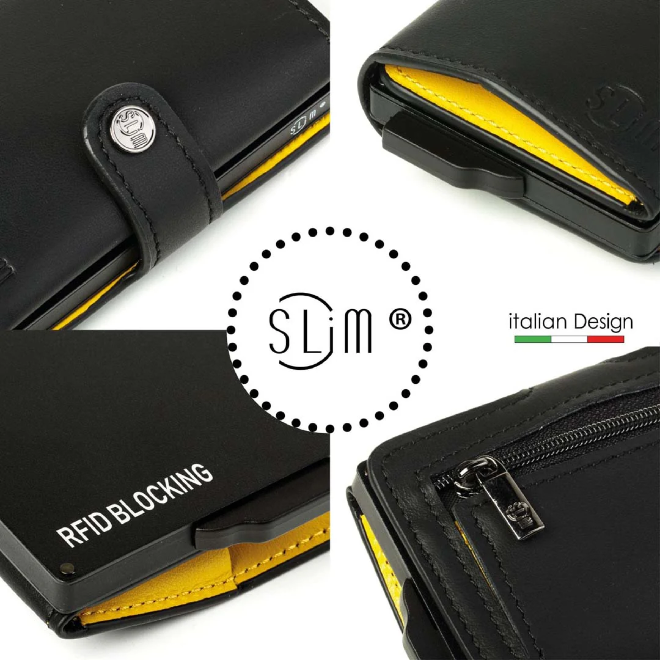 Porta Carte Vera Pelle Nero e Giallo con zip porta monete