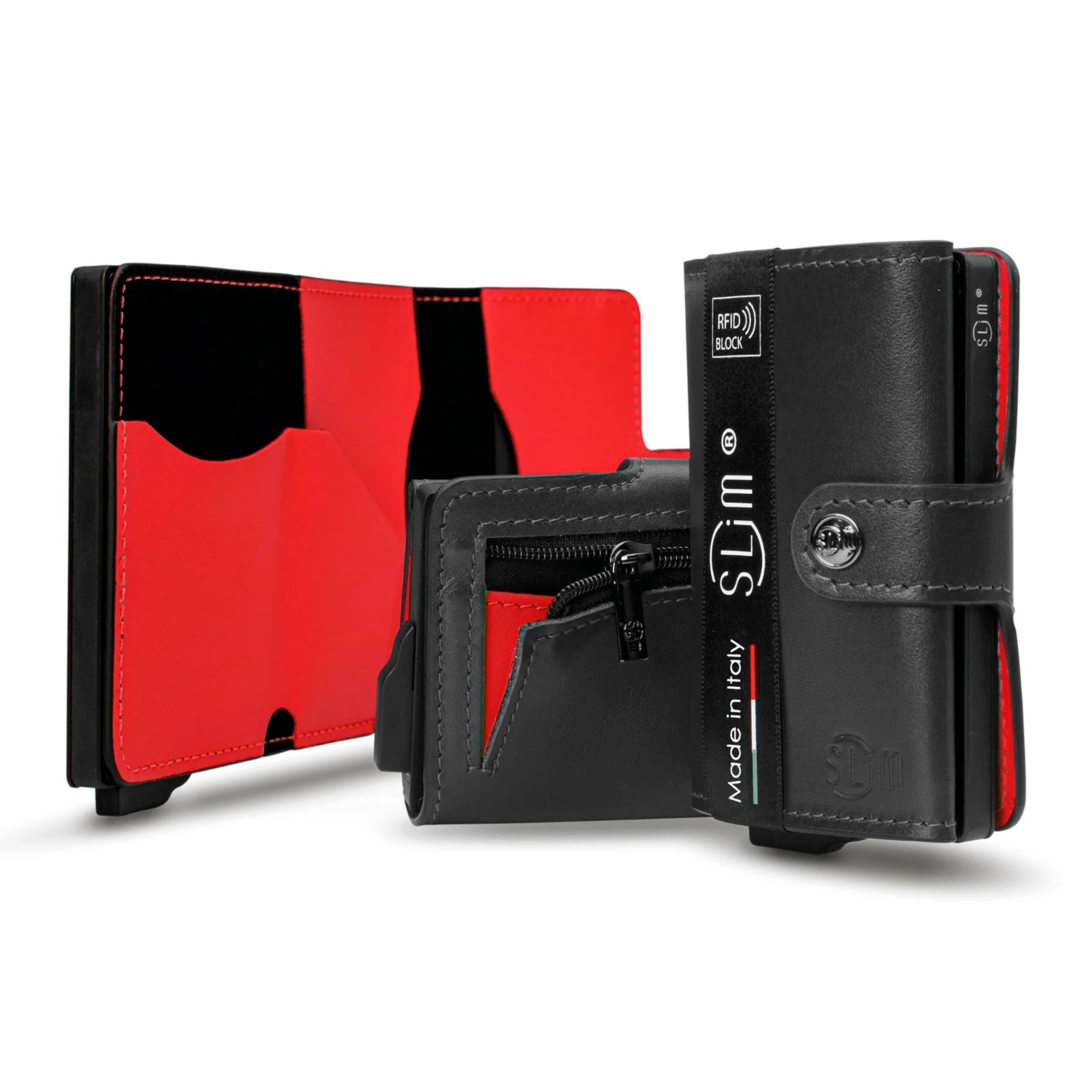 Porta carte Vera Pelle Nero Rosso con zip porta monete