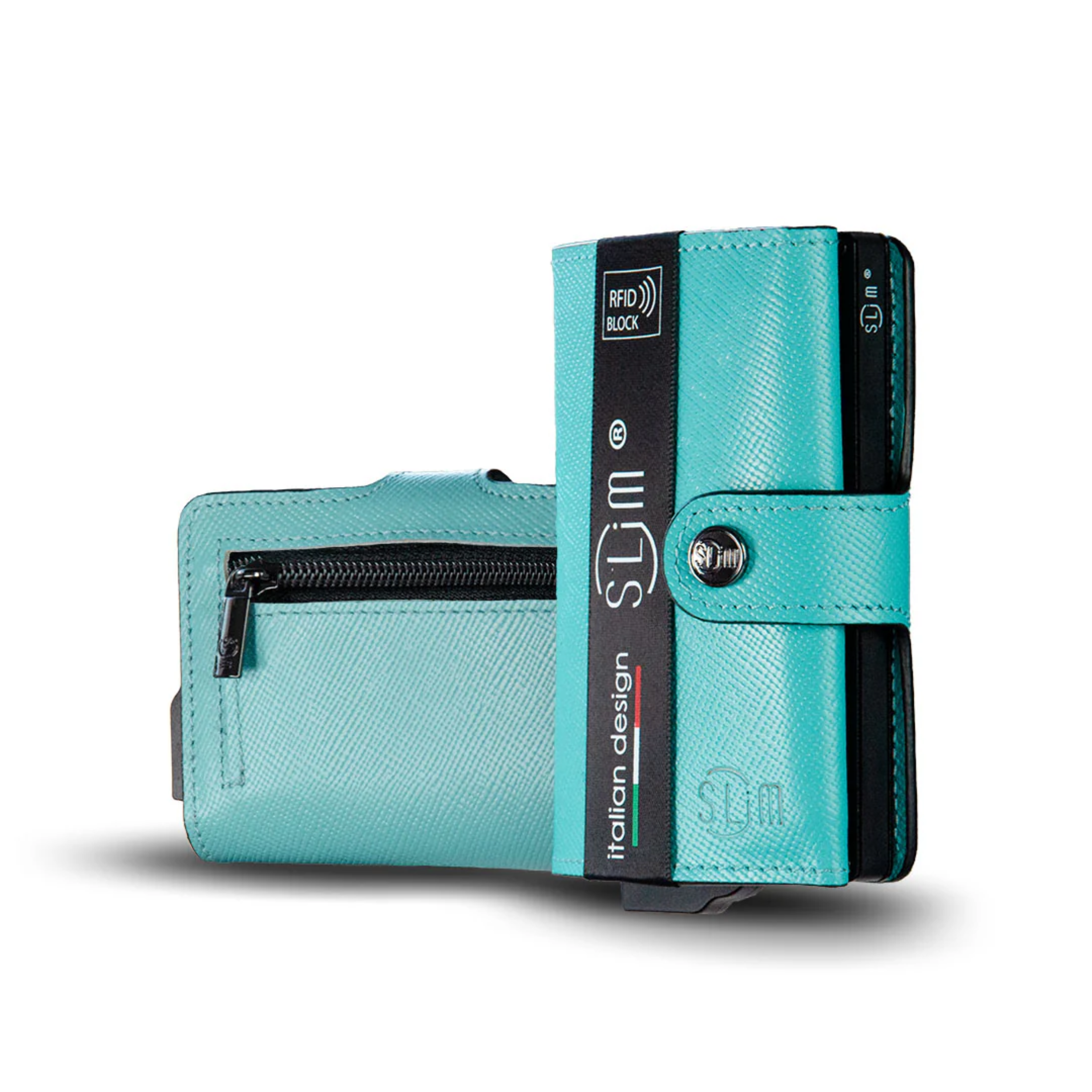 Porta Carte Vera Pelle Saffiano Anti Graffio Turchese con Zip