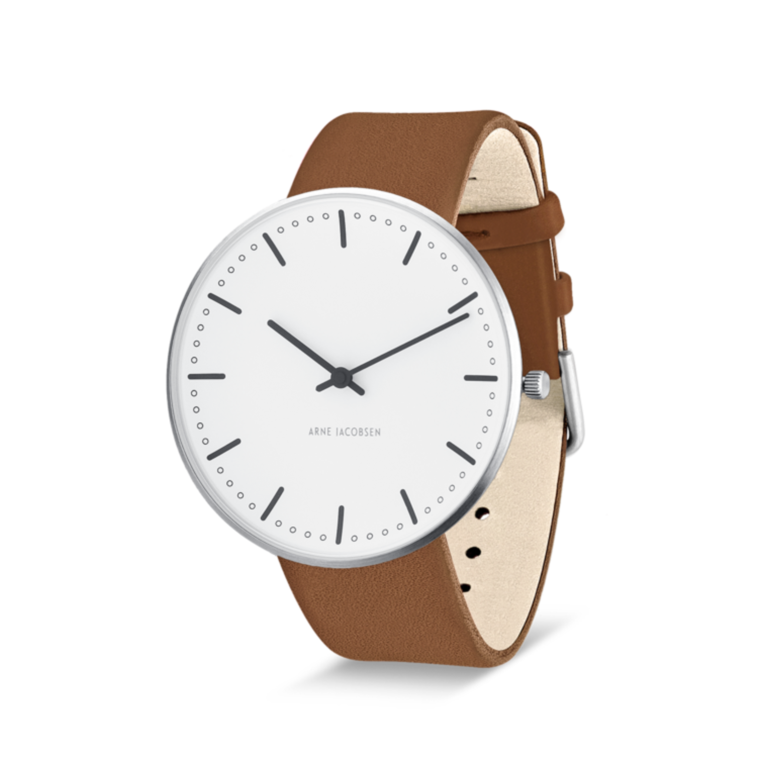 Orologio Municipio Bianco 40 mm da polso Arne Jacobsen City Hall con cinturino in pelle Pampas marrone da 20 mm con fibbia in acciaio spazzolato