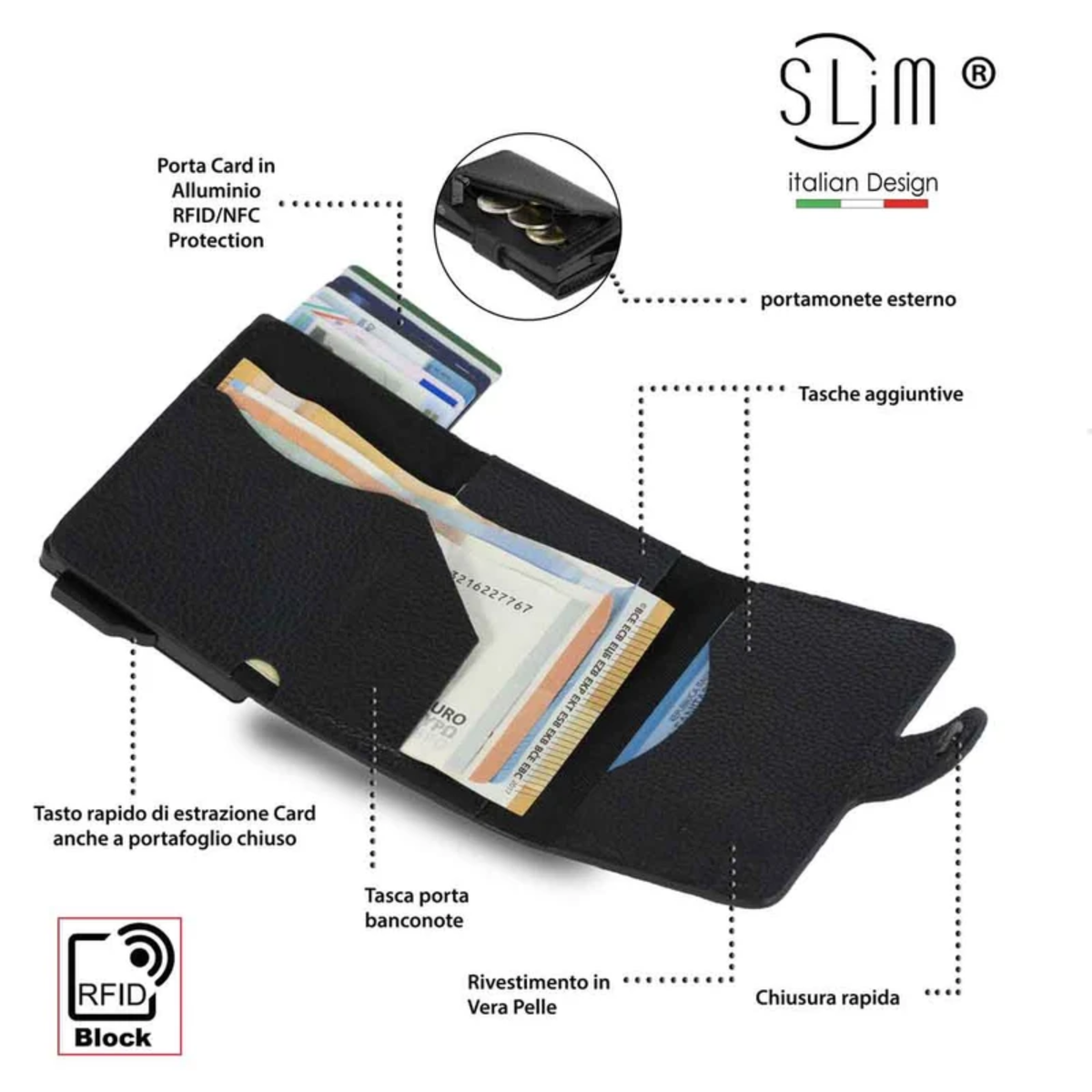 Porta Carte Vera Pelle Bottalato Nero con zip porta monete
