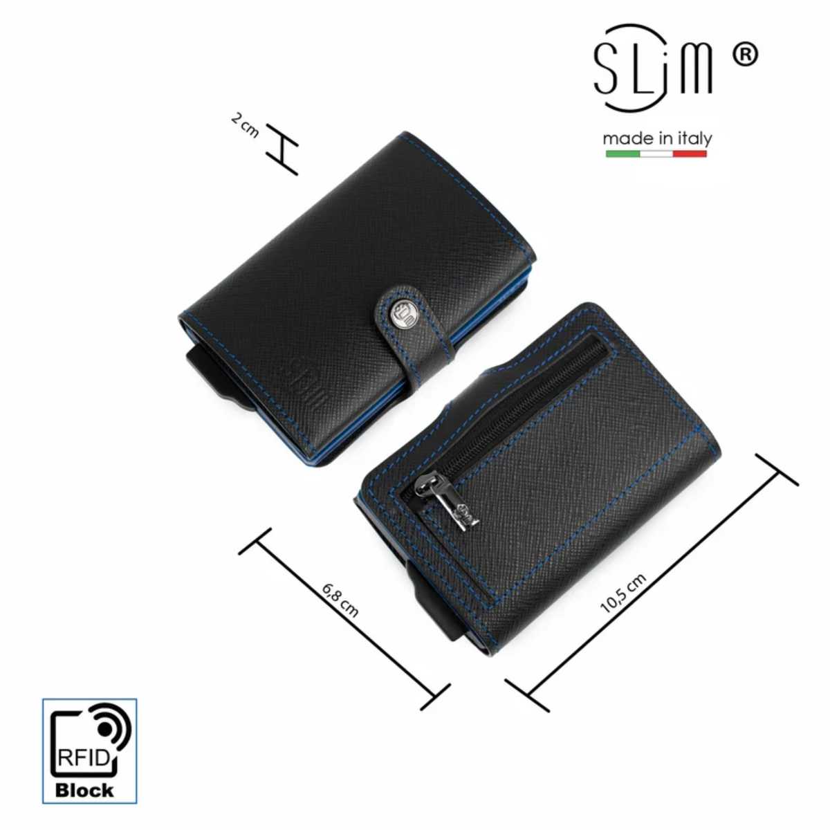 Portacarte Vera Pelle Saffiano Nero Cuciture e Cassa Blu
