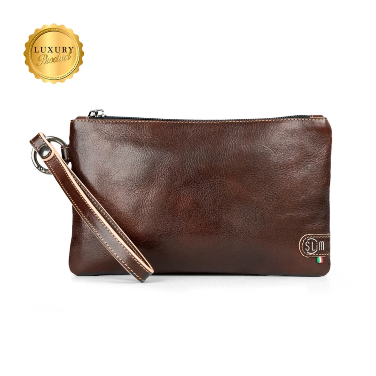 Pochette Slim con Polsiera Vera Pelle Vegetale Marrone