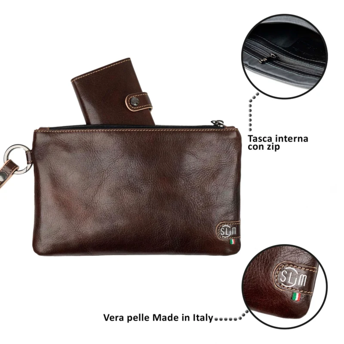 Pochette Slim con Polsiera Vera Pelle Vegetale Marrone