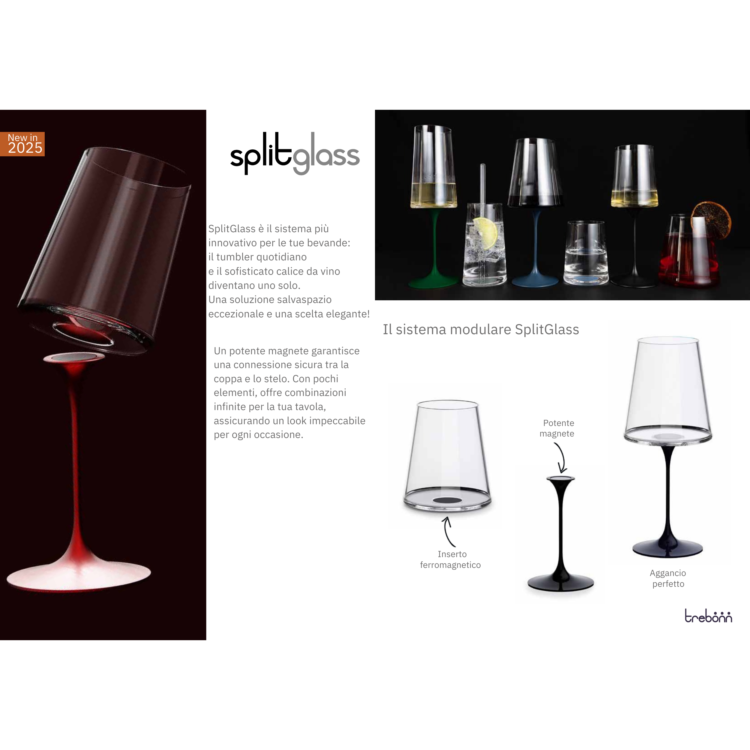 Bicchieri Splitglass Trebonn in cristallo con sistema modulare - potente magnete colorato - confezione da 2 bicchieri