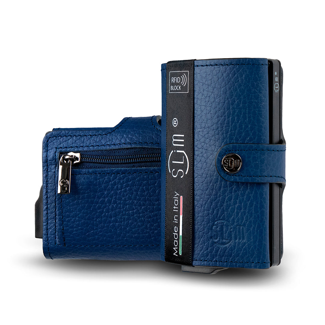 Porta Carte Vera Pelle Bottalato Blu con zip porta monete