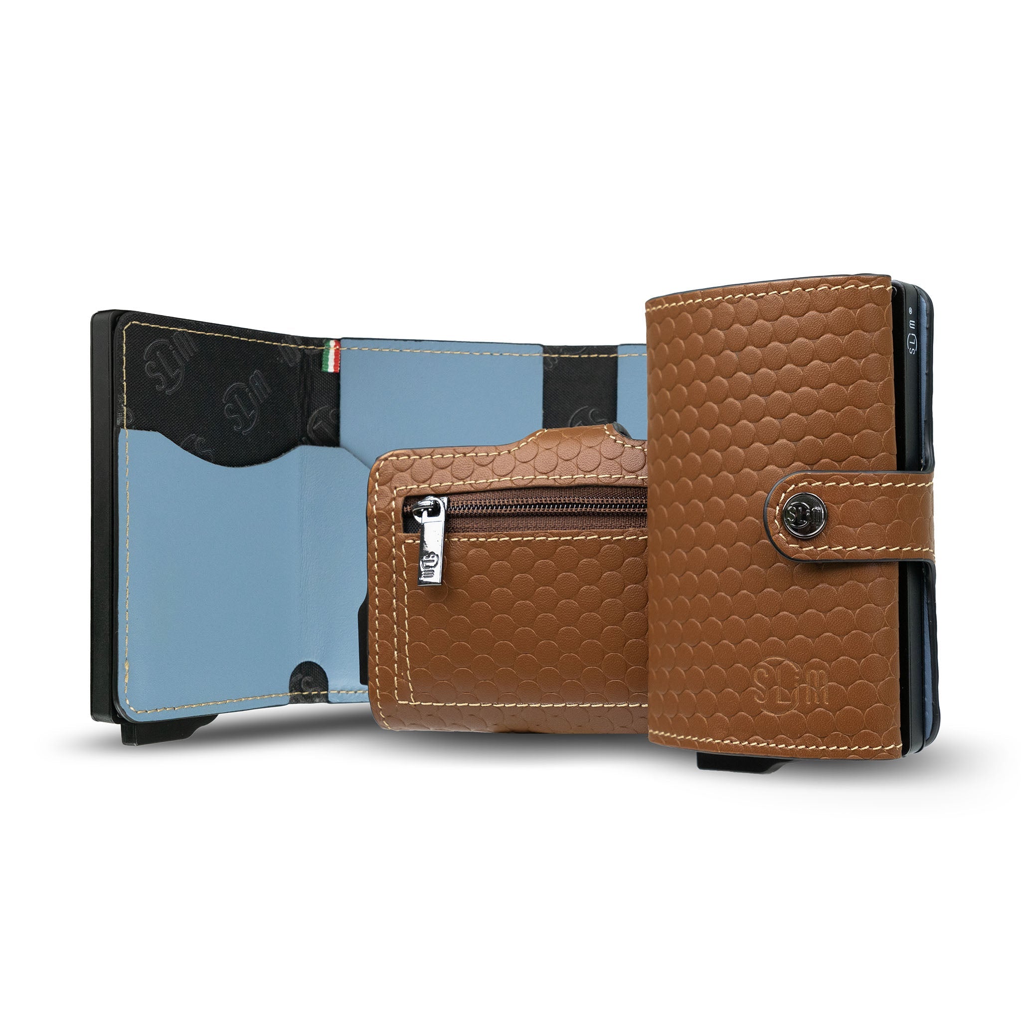 Porta Carte Vera Pelle Bolle Cammello/Celeste con zip porta monete