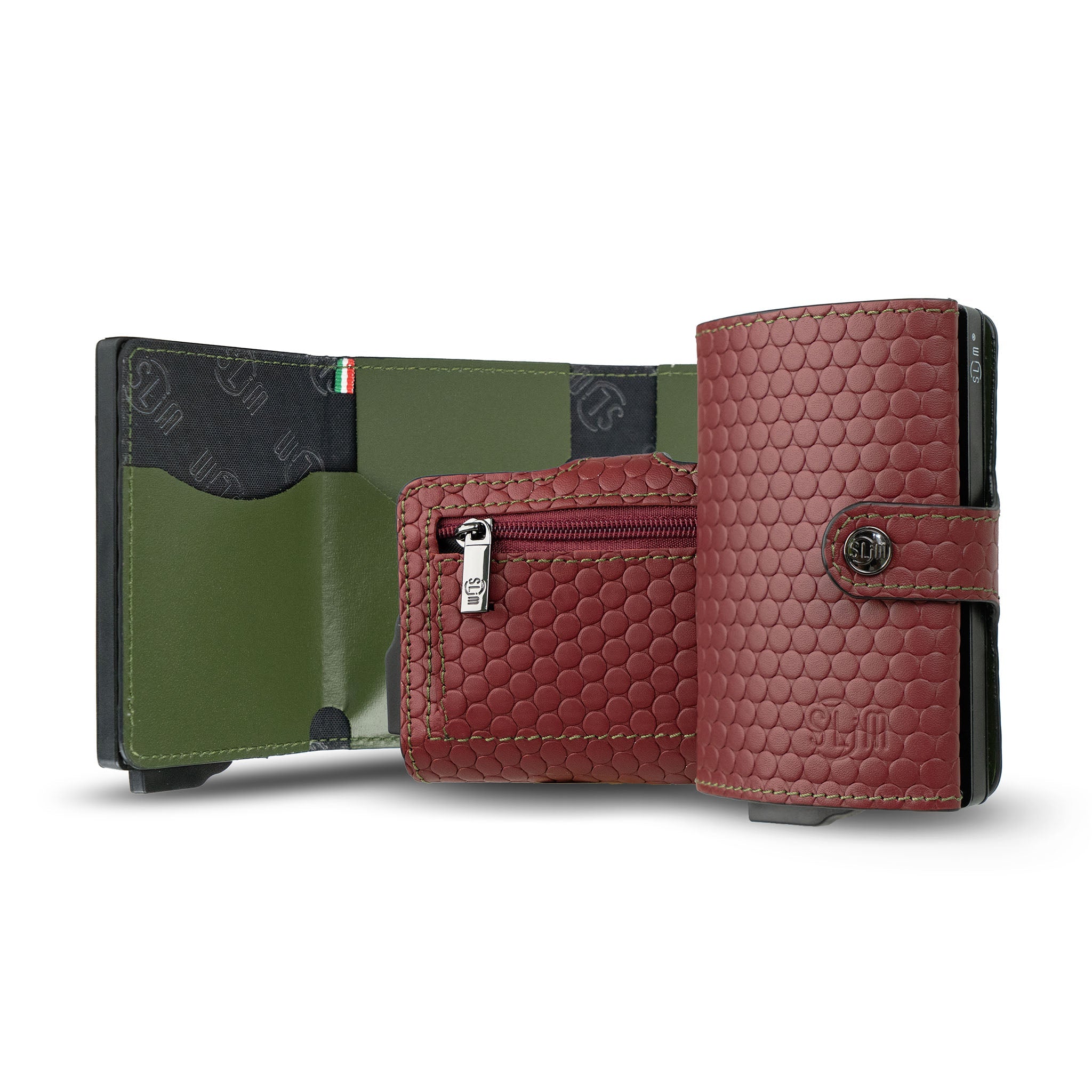 Porta Carte Vera Pelle Bolle Amaranto/Verde con zip porta monete