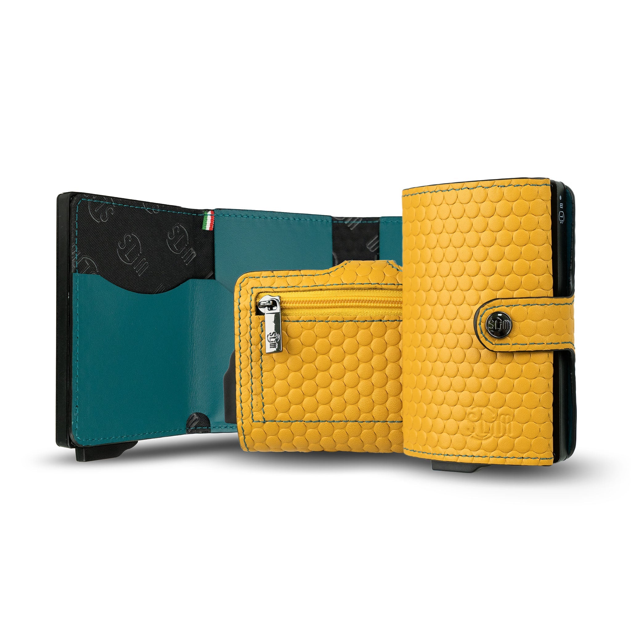 Porta Carte Vera Pelle Bolle Giallo/Petrolio con zip porta monete