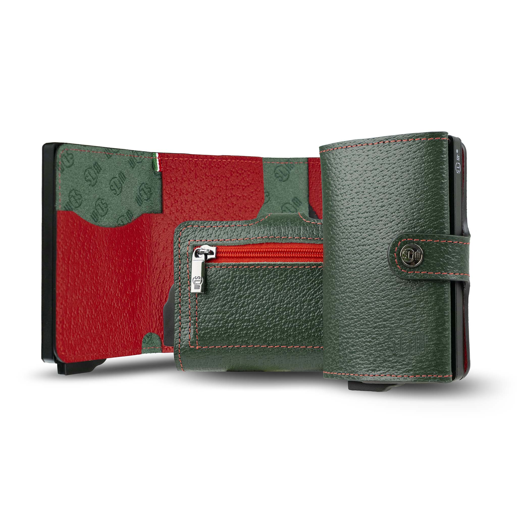 Porta Carte Vera Pelle Stampa Cinghialino Verde/Rosso con Zip