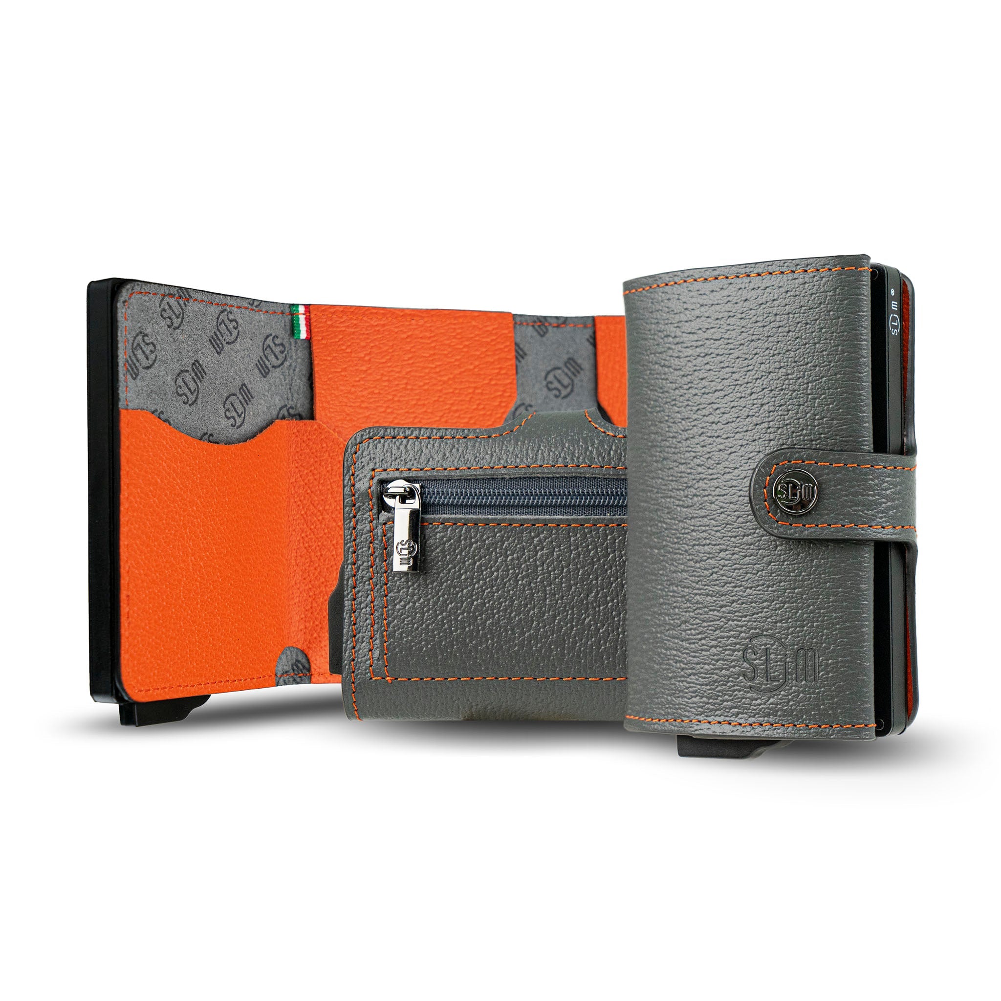 Porta Carte Vera Pelle Stampa Cinghialino Grigio/Arancio con ZIp
