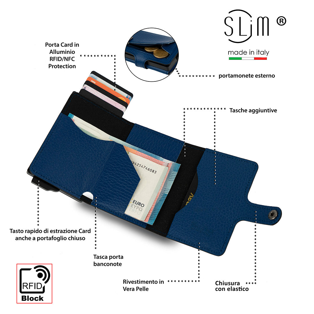 Porta Carte Vera Pelle Bottalato Blu con zip porta monete
