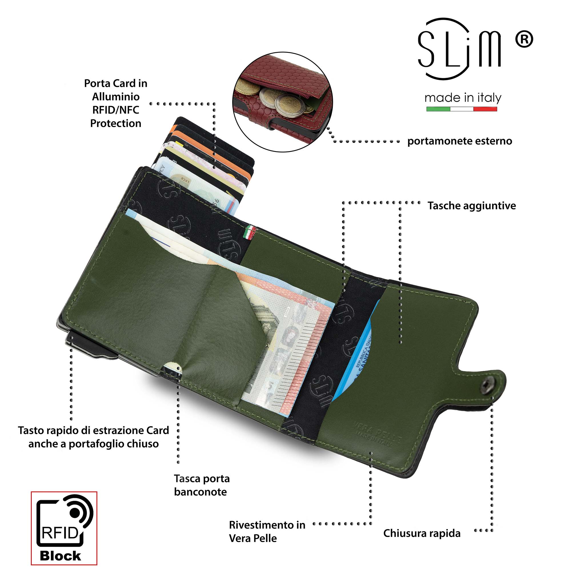 Porta Carte Vera Pelle Bolle Amaranto/Verde con zip porta monete