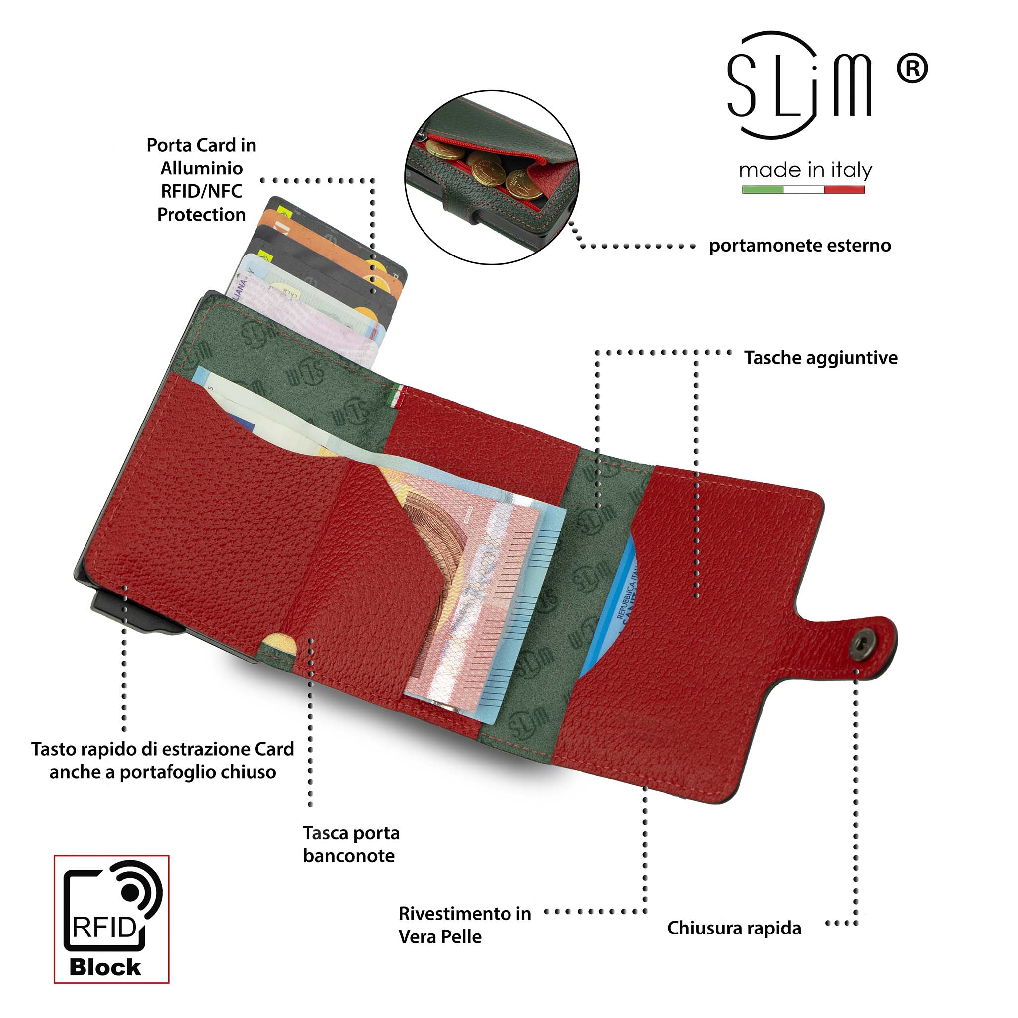 Porta Carte Vera Pelle Stampa Cinghialino Verde/Rosso con Zip