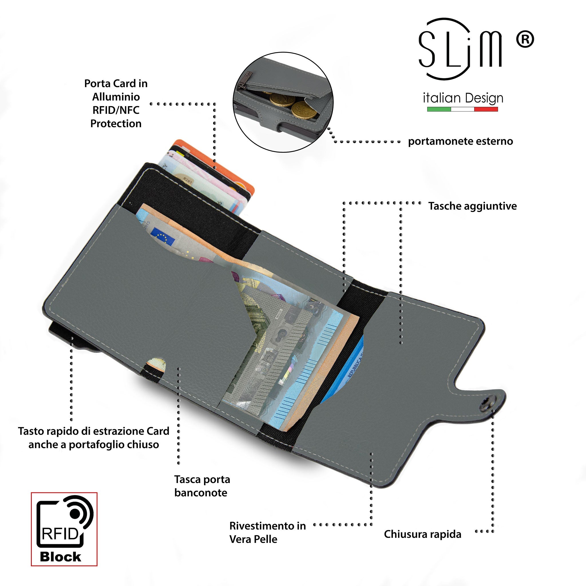 Porta Carte Vera Pelle Bottalato Grigio con zip porta monete