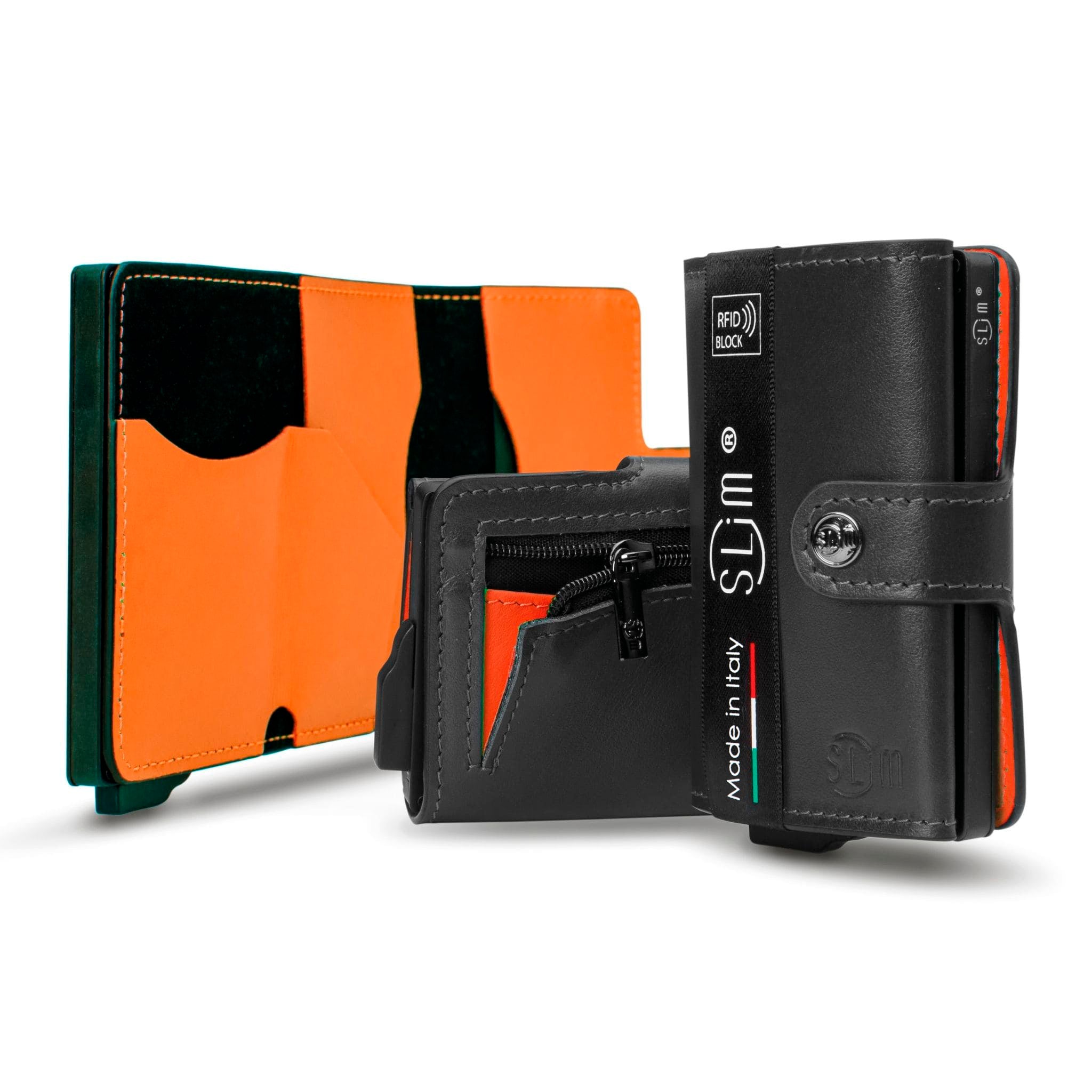 Porta Carte Vera Pelle Nero e Arancio con zip porta monete